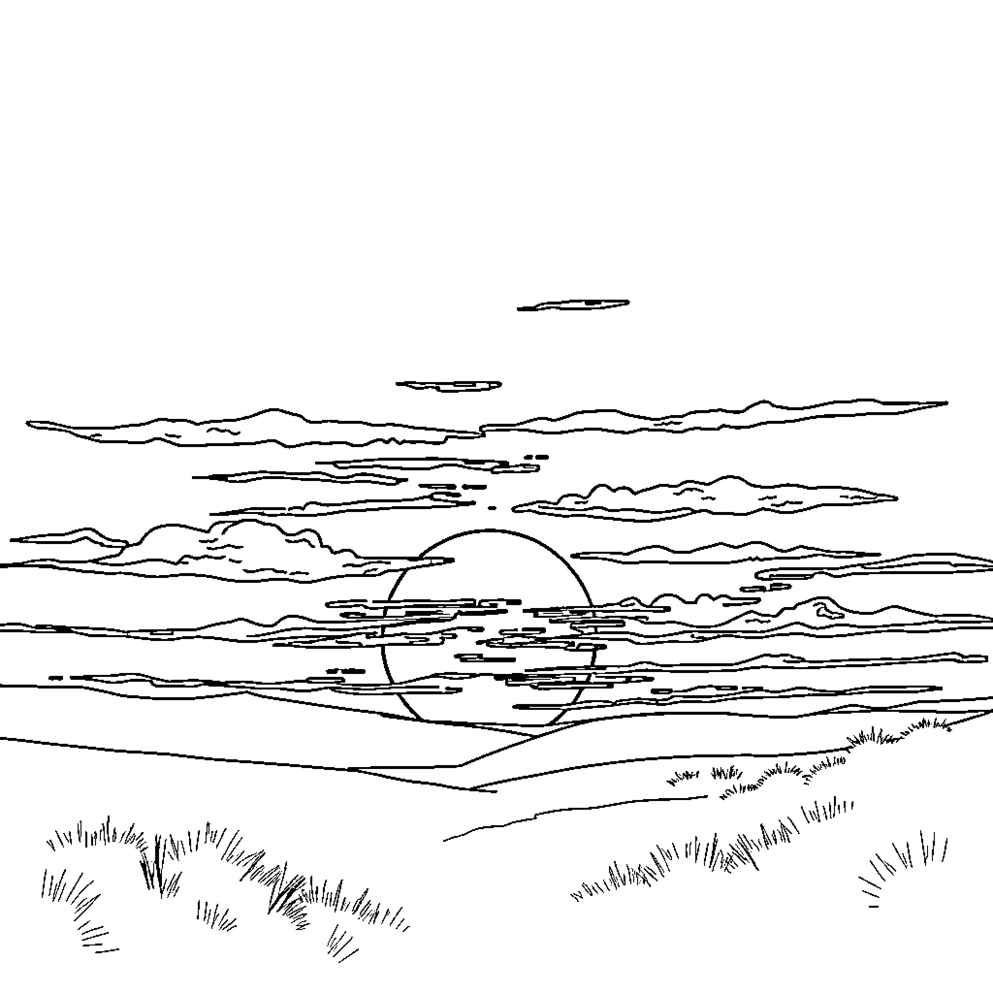 Sunset over the horizon Coloring Page (free black-and-white line drawing printable PDF for all, from beginners to advanced learners, including children, teens, adults, and seniors)