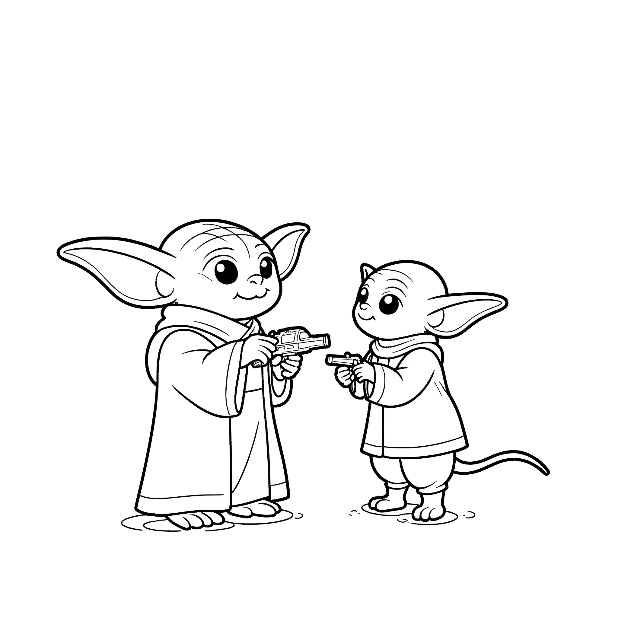 Yoda and his young apprentice playing with toy blasters Coloring Page (free black-and-white line drawing printable PDF for all, from beginners to advanced learners, including children, teens, adults, and seniors)