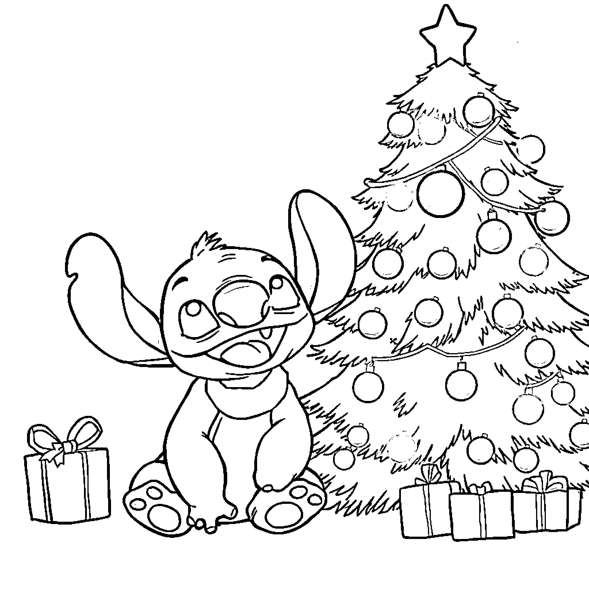Stitch Decorating Christmas Tree with Gifts Coloring Page (free black-and-white line drawing printable PDF for all, from beginners to advanced learners, including children, teens, adults, and seniors)