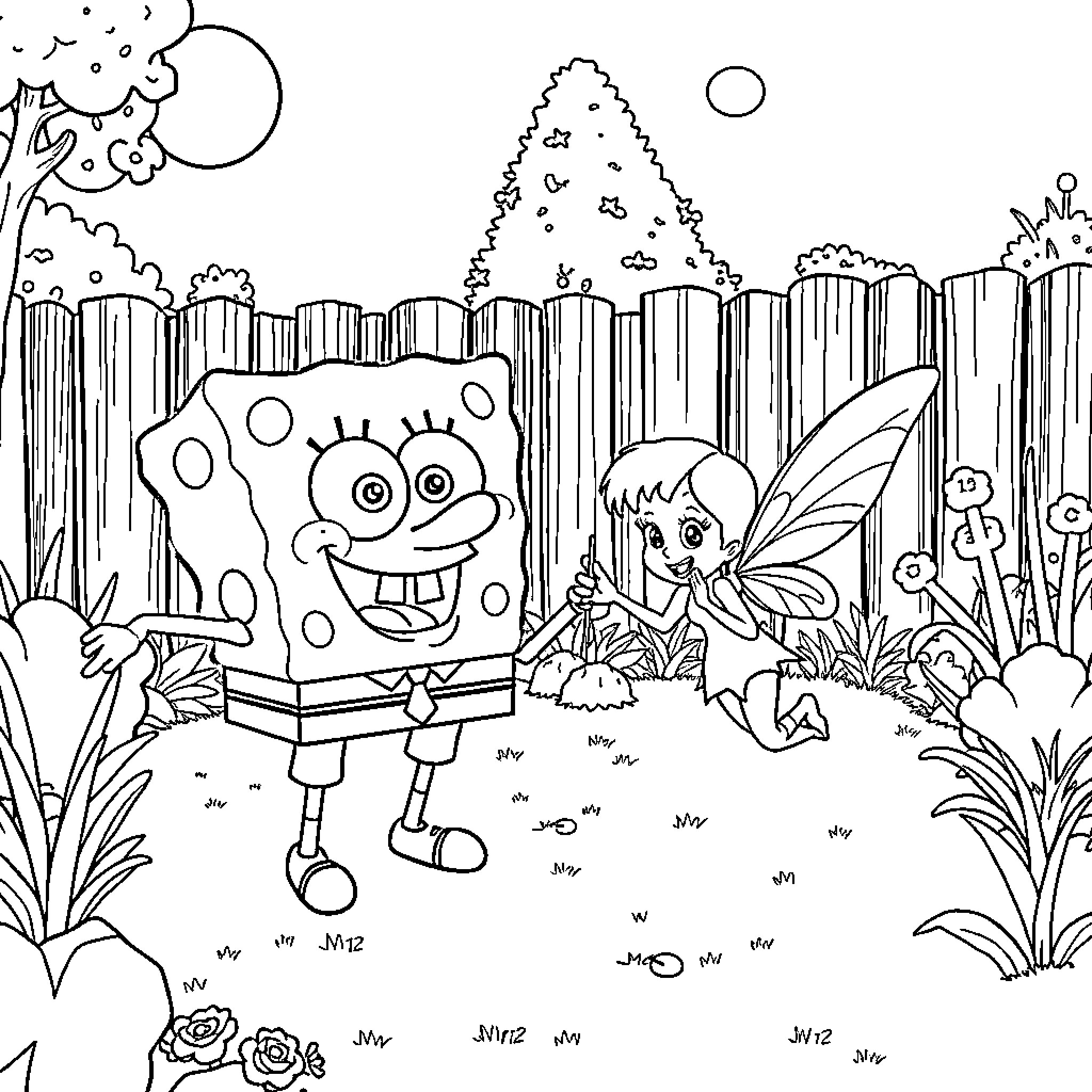 Spongebob and Fairy Friends in Enchanted Garden Coloring Page (free black-and-white line drawing printable PDF for all, from beginners to advanced learners, including children, teens, adults, and seniors)