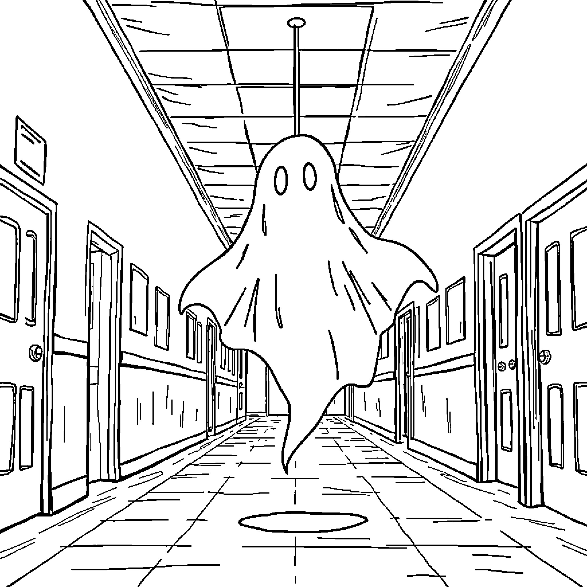 Ghost haunting a deserted school hallway Coloring Page (free black-and-white line drawing printable PDF for all, from beginners to advanced learners, including children, teens, adults, and seniors)