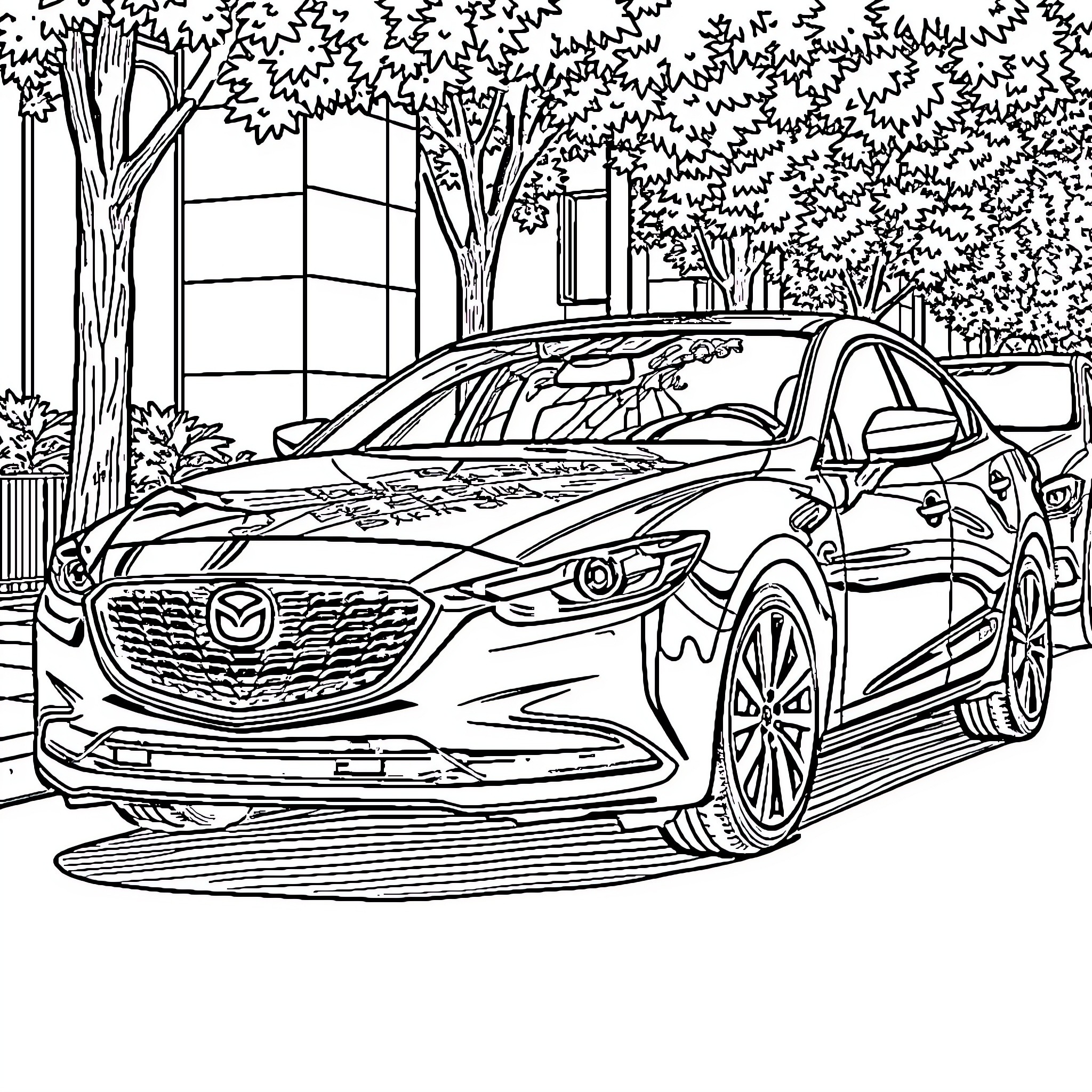 Mazda 6 car parked on a street with trees Coloring Page (free black-and-white line drawing printable PDF for all, from beginners to advanced learners, including children, teens, adults, and seniors)