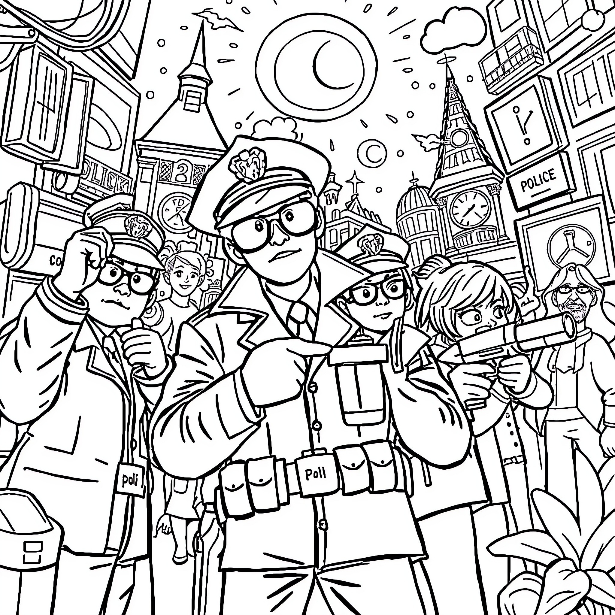 Police Officers Patrolling a Bustling Urban Scene Coloring Page (free black-and-white line drawing printable PDF for all, from beginners to advanced learners, including children, teens, adults, and seniors)