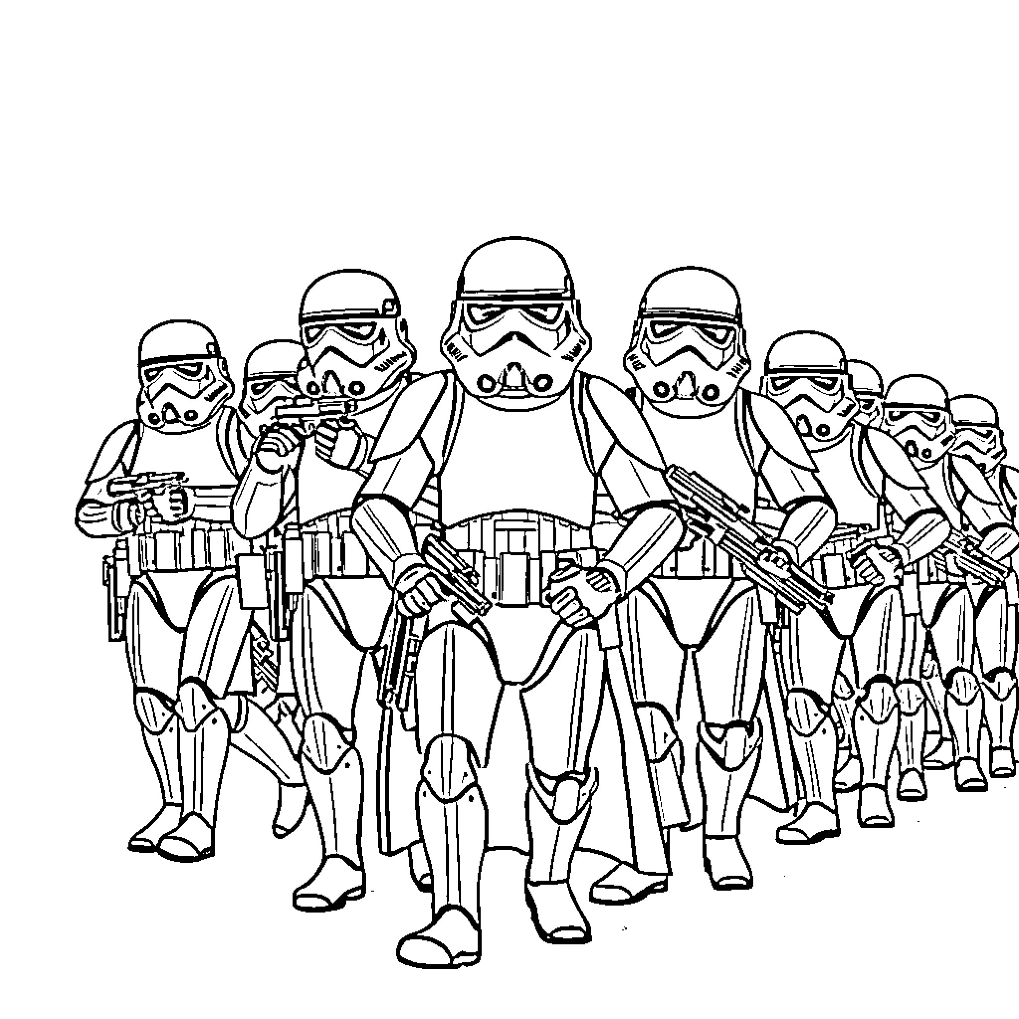 Storm Troopers marching in formation Coloring Page (free black-and-white line drawing printable PDF for all, from beginners to advanced learners, including children, teens, adults, and seniors)