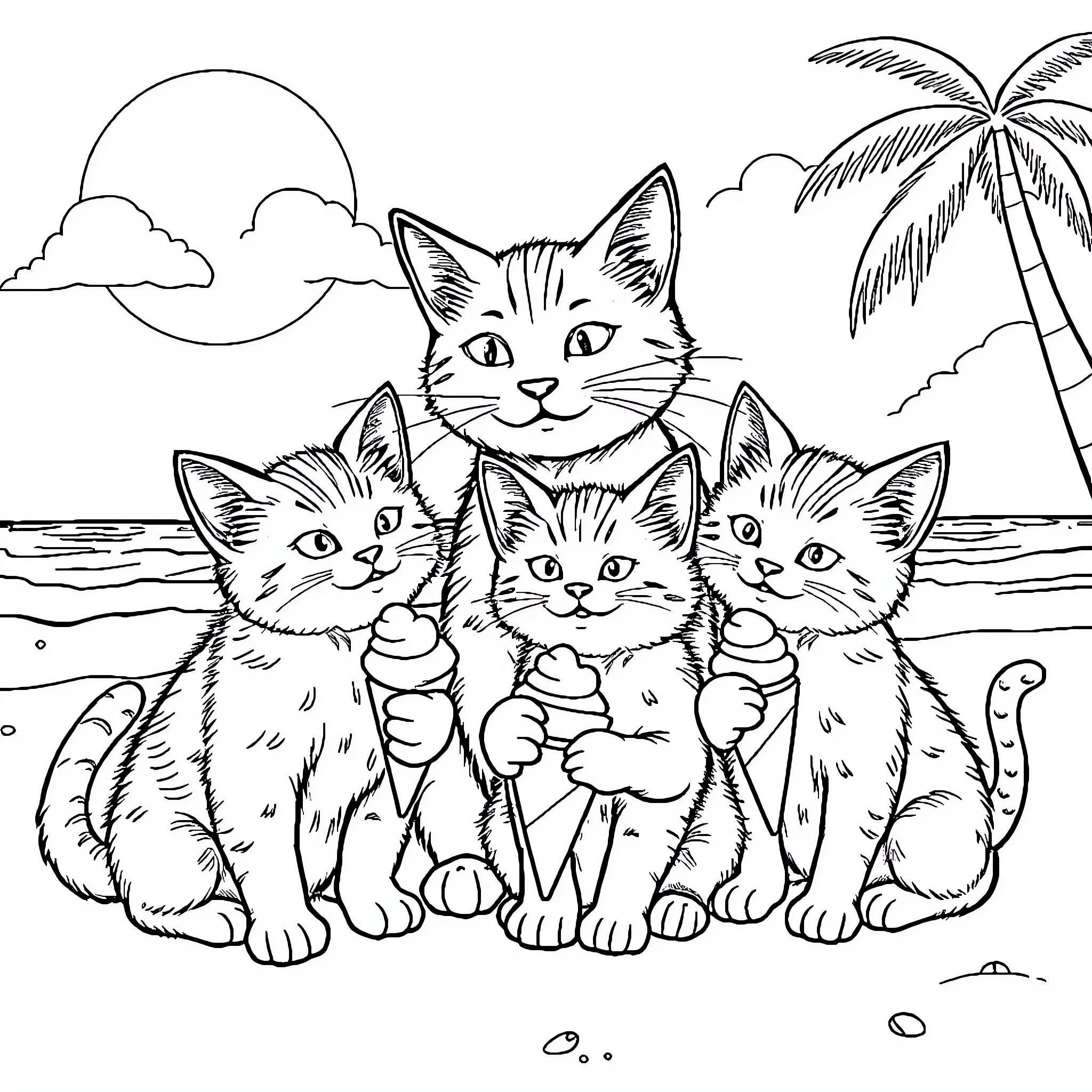 Cat family relaxing on the beach Coloring Page (free black-and-white line drawing printable PDF for all, from beginners to advanced learners, including children, teens, adults, and seniors)