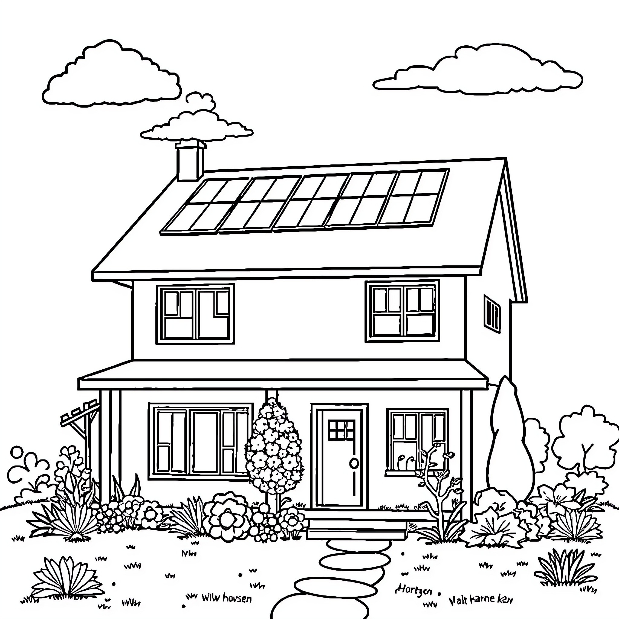 Home with Floral Garden and Solar Panels Coloring Page (free black-and-white line drawing printable PDF for all, from beginners to advanced learners, including children, teens, adults, and seniors)