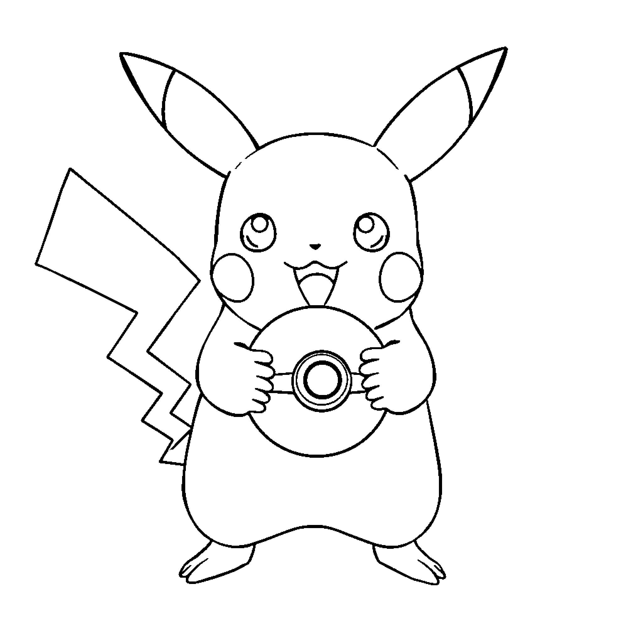Pikachu holding a video game disc Coloring Page (free black-and-white line drawing printable PDF for all, from beginners to advanced learners, including children, teens, adults, and seniors)