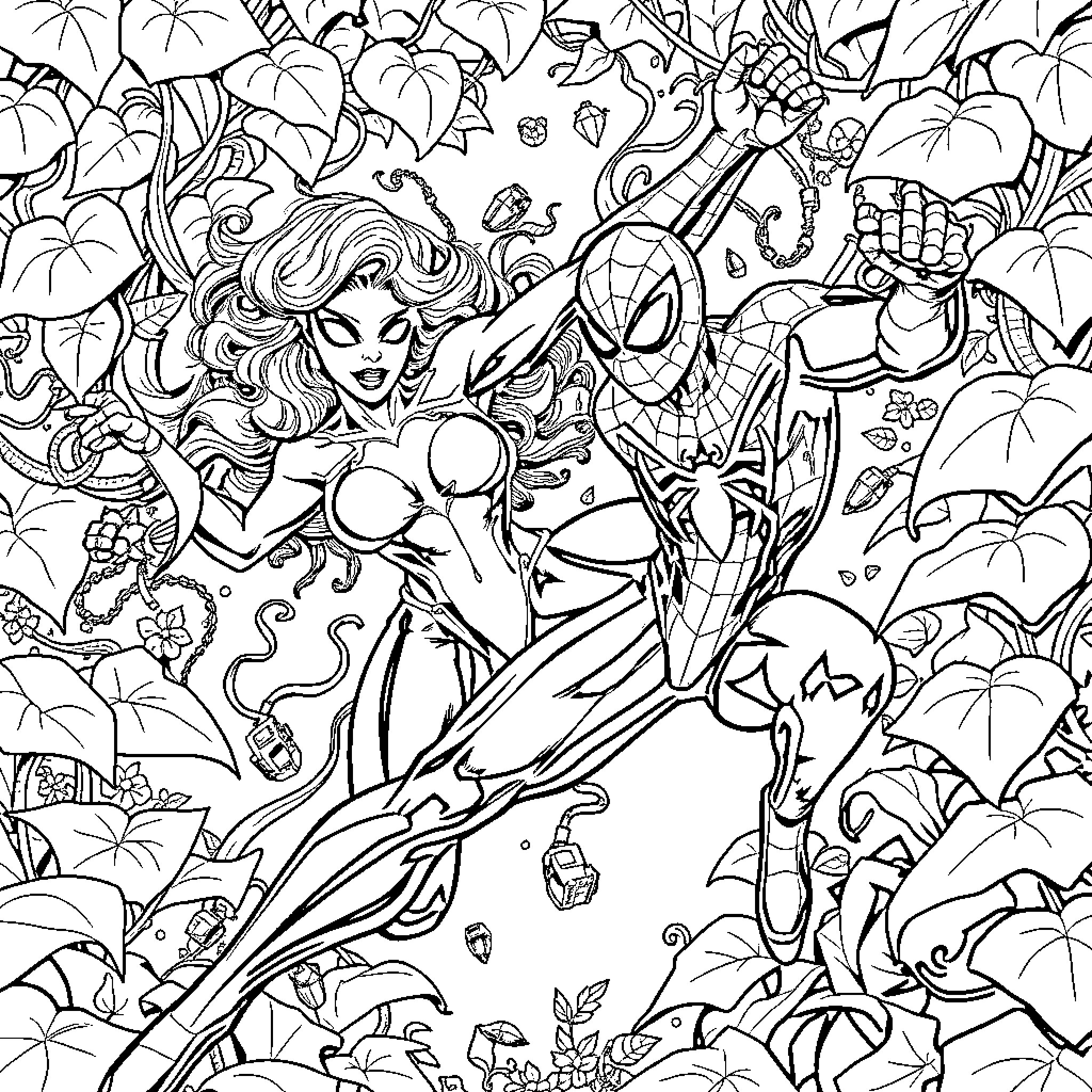 Poison Ivy's Floral Encounter with Spider-Man Coloring Page (free black-and-white line drawing printable PDF for all, from beginners to advanced learners, including children, teens, adults, and seniors)