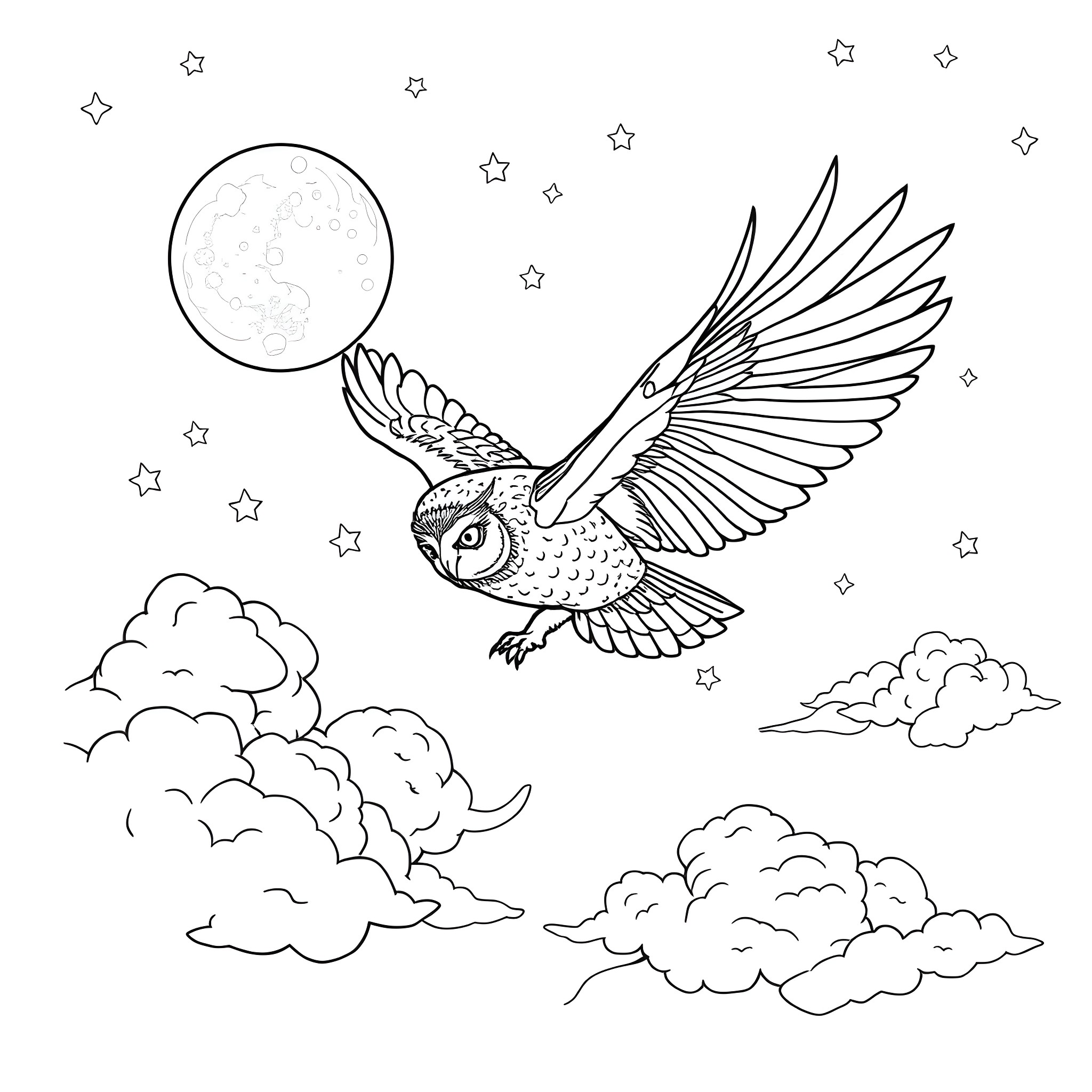 Owl soaring in the starry night sky Coloring Page (free black-and-white line drawing printable PDF for all, from beginners to advanced learners, including children, teens, adults, and seniors)