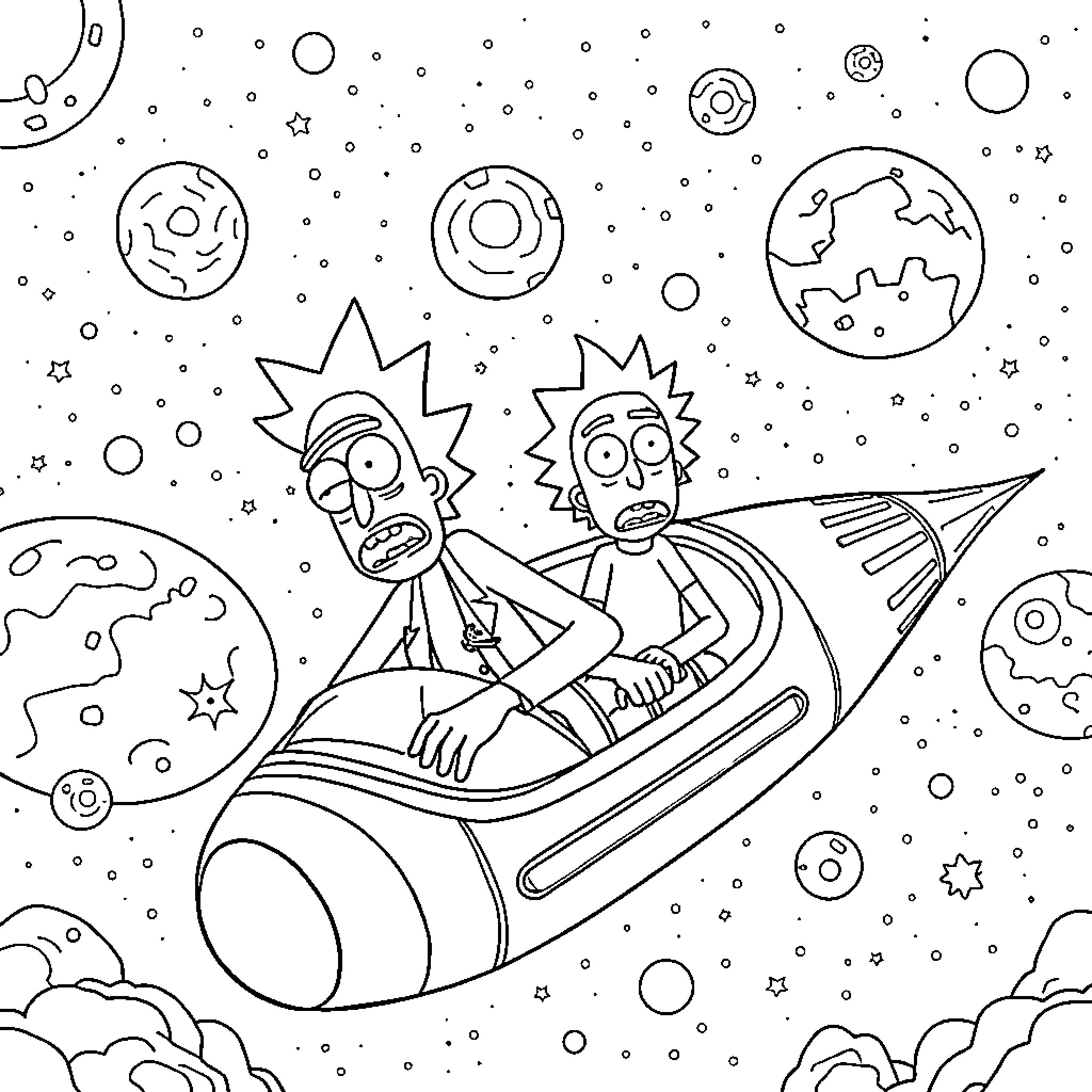 Rick And Morty Explore the Cosmic Void Coloring Page (free black-and-white line drawing printable PDF for all, from beginners to advanced learners, including children, teens, adults, and seniors)