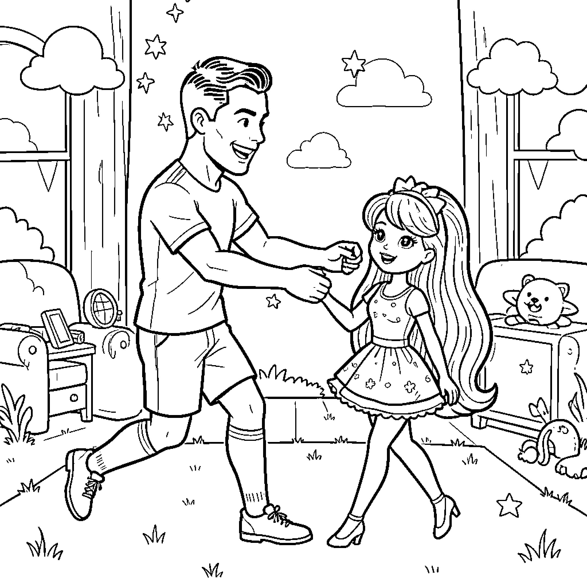 Ronaldo smiling while dancing with a young girl Coloring Page (free black-and-white line drawing printable PDF for all, from beginners to advanced learners, including children, teens, adults, and seniors)