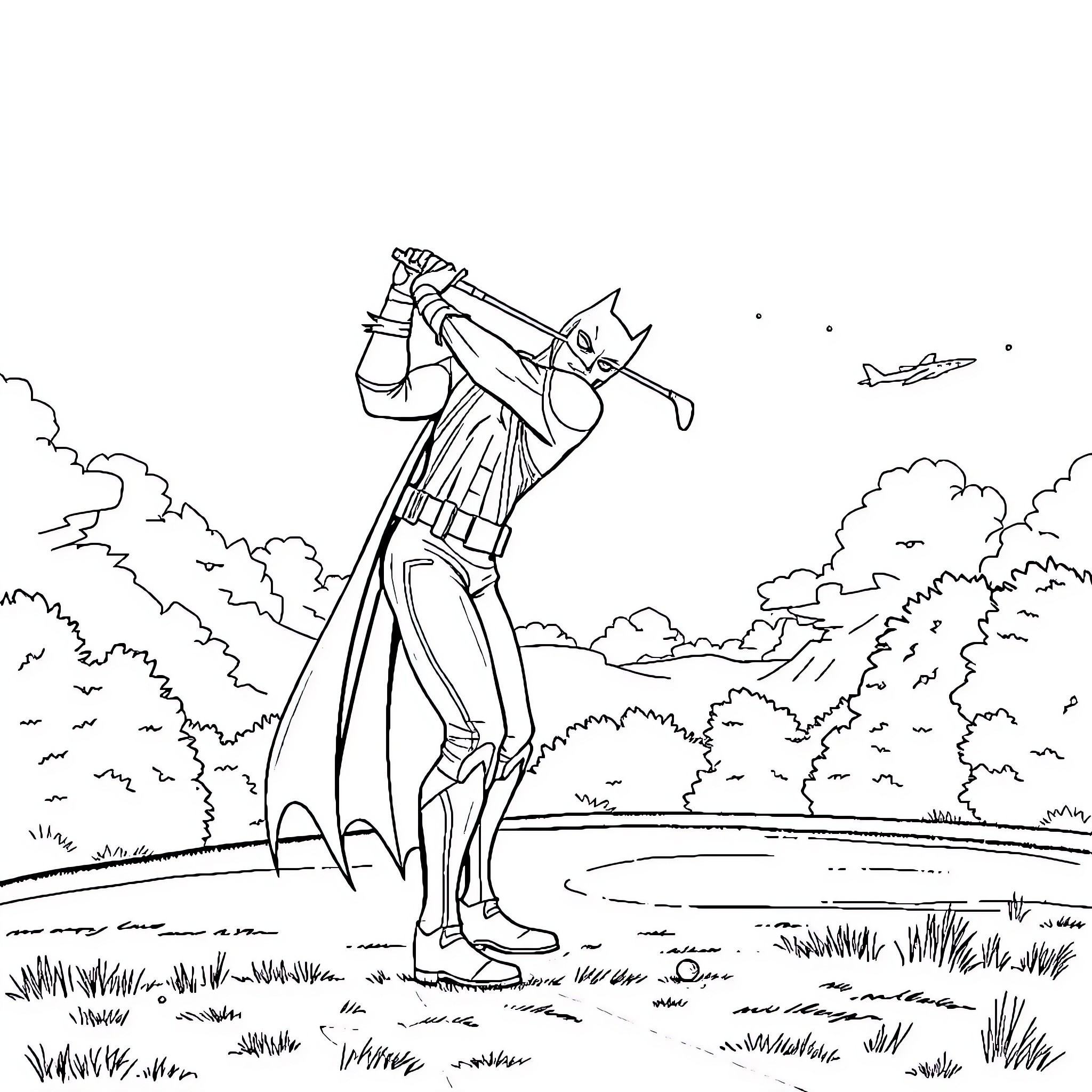 Batman Swinging His Bat in Scenic Outdoors Coloring Page (free black-and-white line drawing printable PDF for all, from beginners to advanced learners, including children, teens, adults, and seniors)
