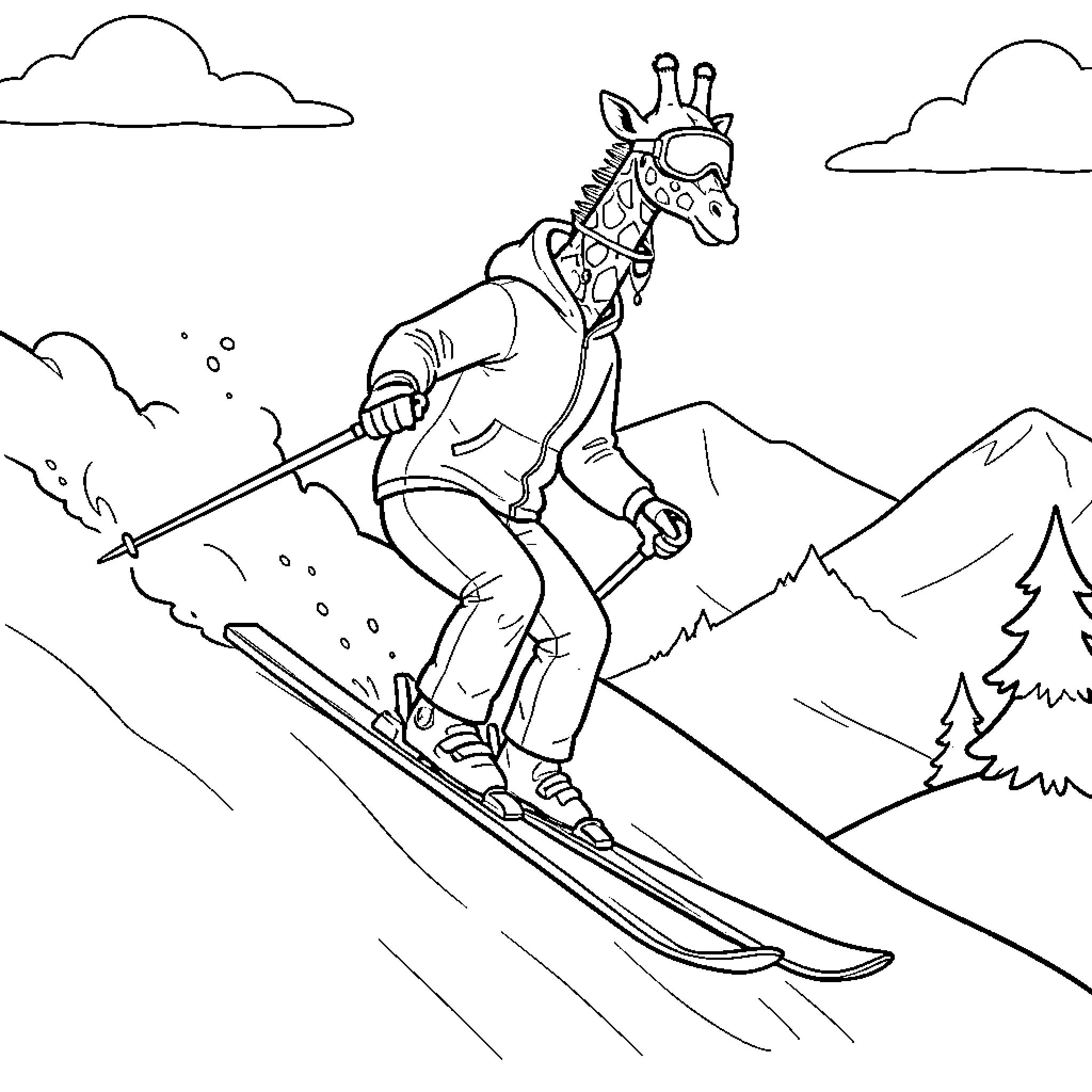 Giraffe wearing winter gear skiing down a mountain Coloring Page (free black-and-white line drawing printable PDF for all, from beginners to advanced learners, including children, teens, adults, and seniors)