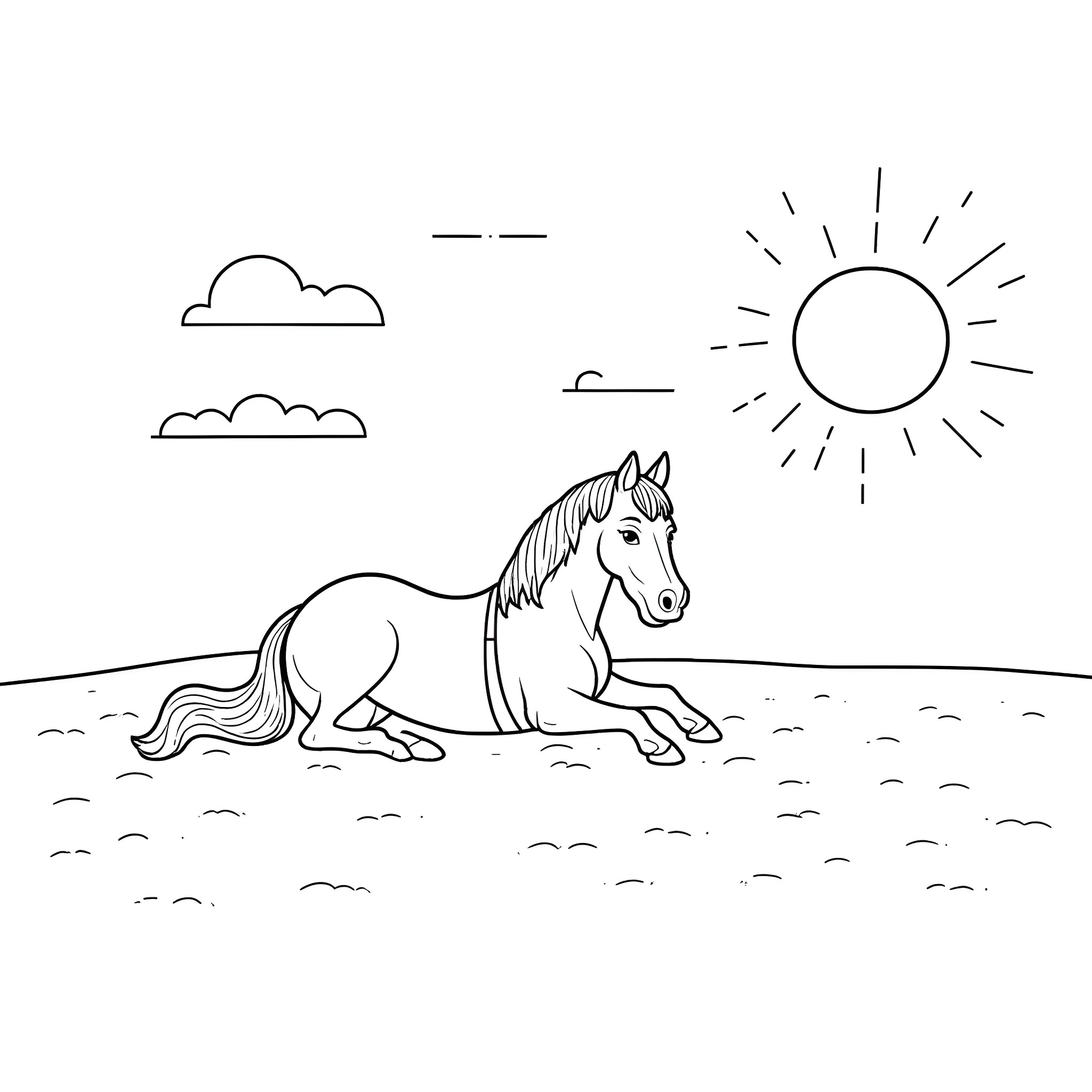 Horse resting peacefully under the sun Coloring Page (free black-and-white line drawing printable PDF for all, from beginners to advanced learners, including children, teens, adults, and seniors)