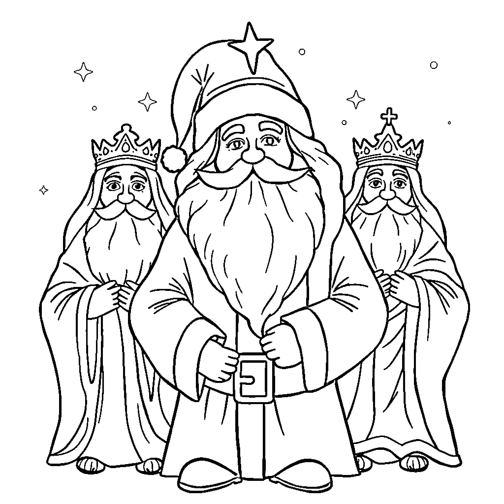 Santa Claus with Three Wise Kings Coloring Page (free black-and-white line drawing printable PDF for all, from beginners to advanced learners, including children, teens, adults, and seniors)