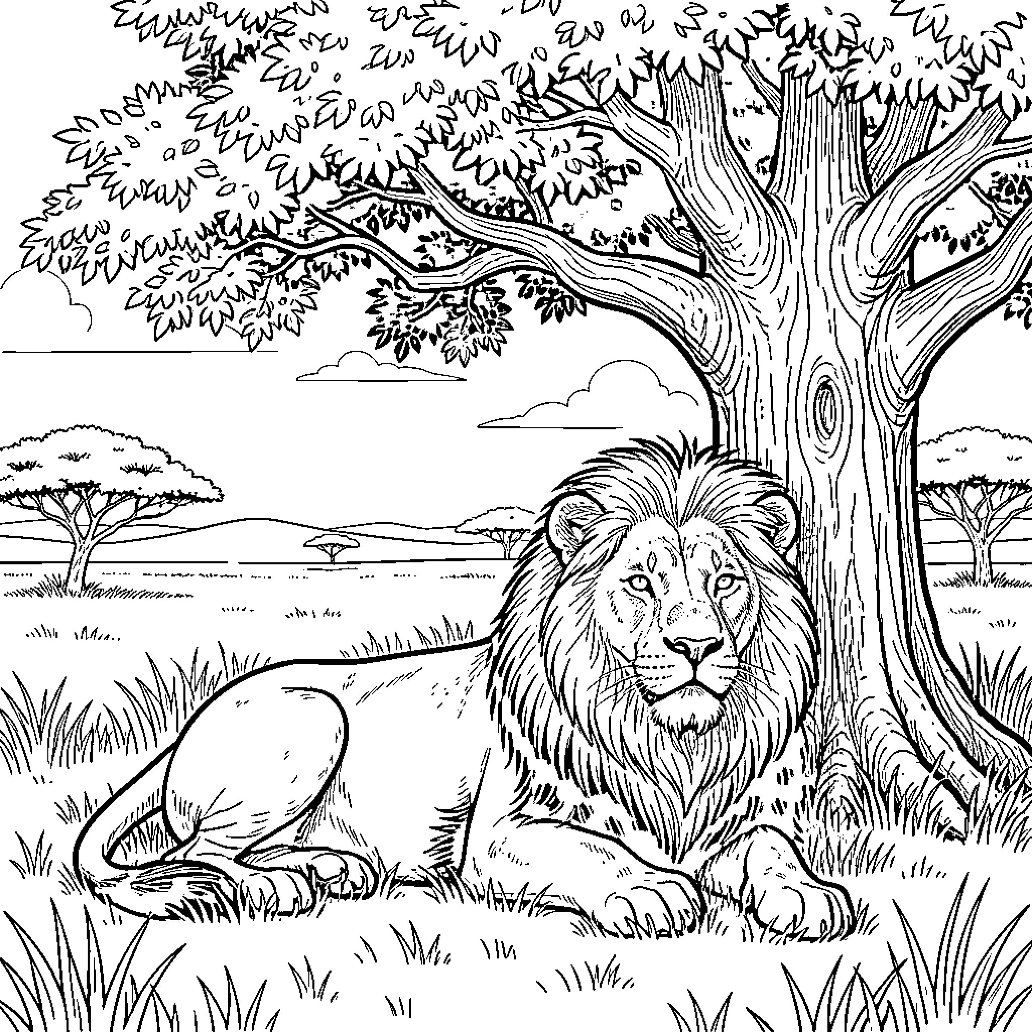Lion resting under a large tree Coloring Page (free black-and-white line drawing printable PDF for all, from beginners to advanced learners, including children, teens, adults, and seniors)