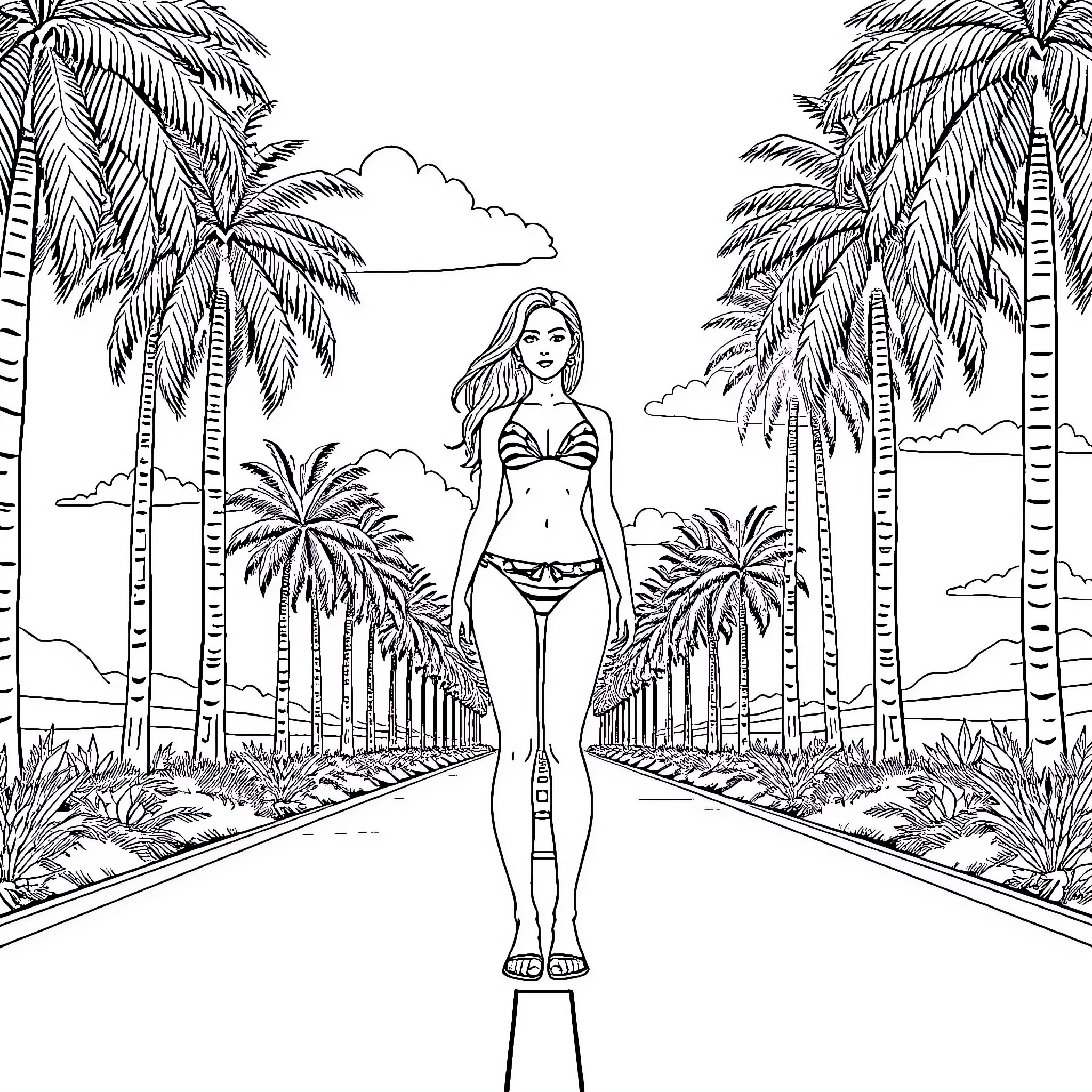 Bikini Girl enjoying tropical beach paradise Coloring Page (free black-and-white line drawing printable PDF for all, from beginners to advanced learners, including children, teens, adults, and seniors)