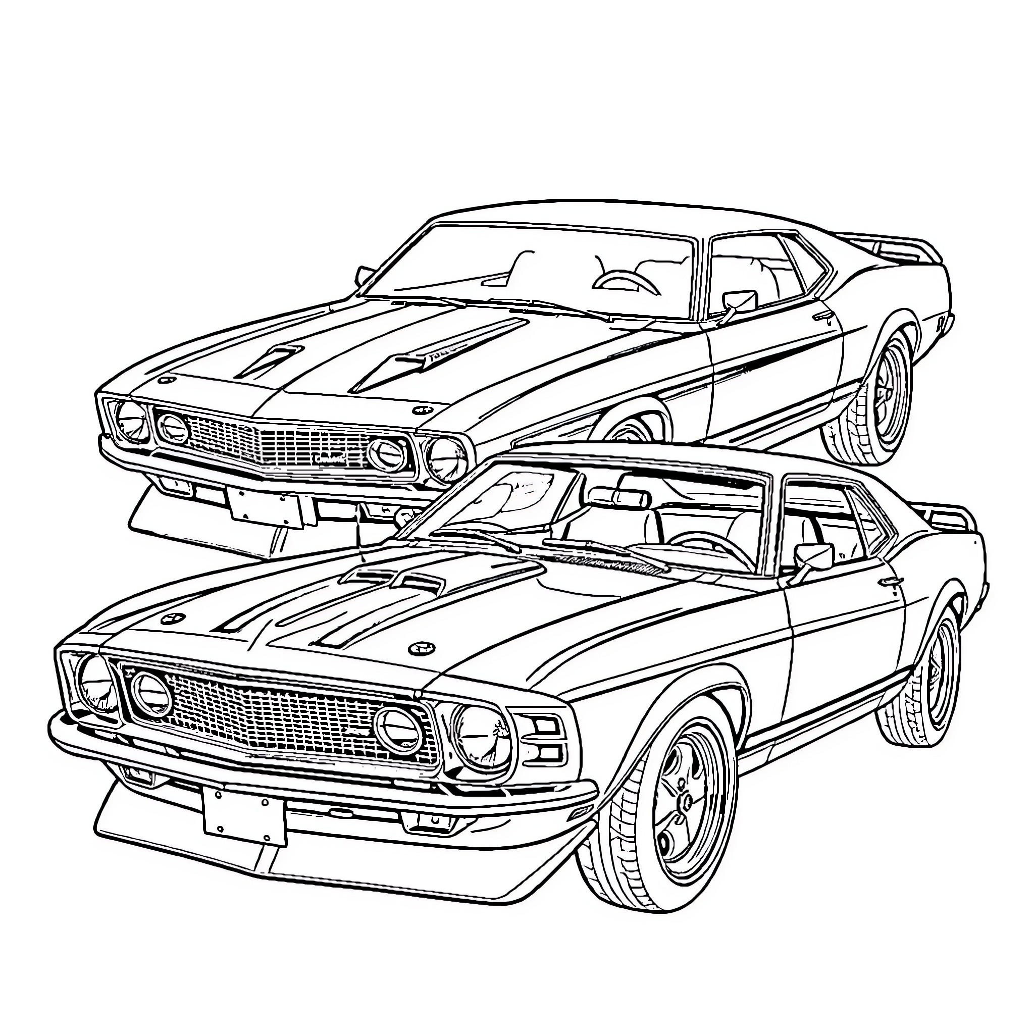 Ford muscle cars in distinctive styles Coloring Page (free black-and-white line drawing printable PDF for all, from beginners to advanced learners, including children, teens, adults, and seniors)