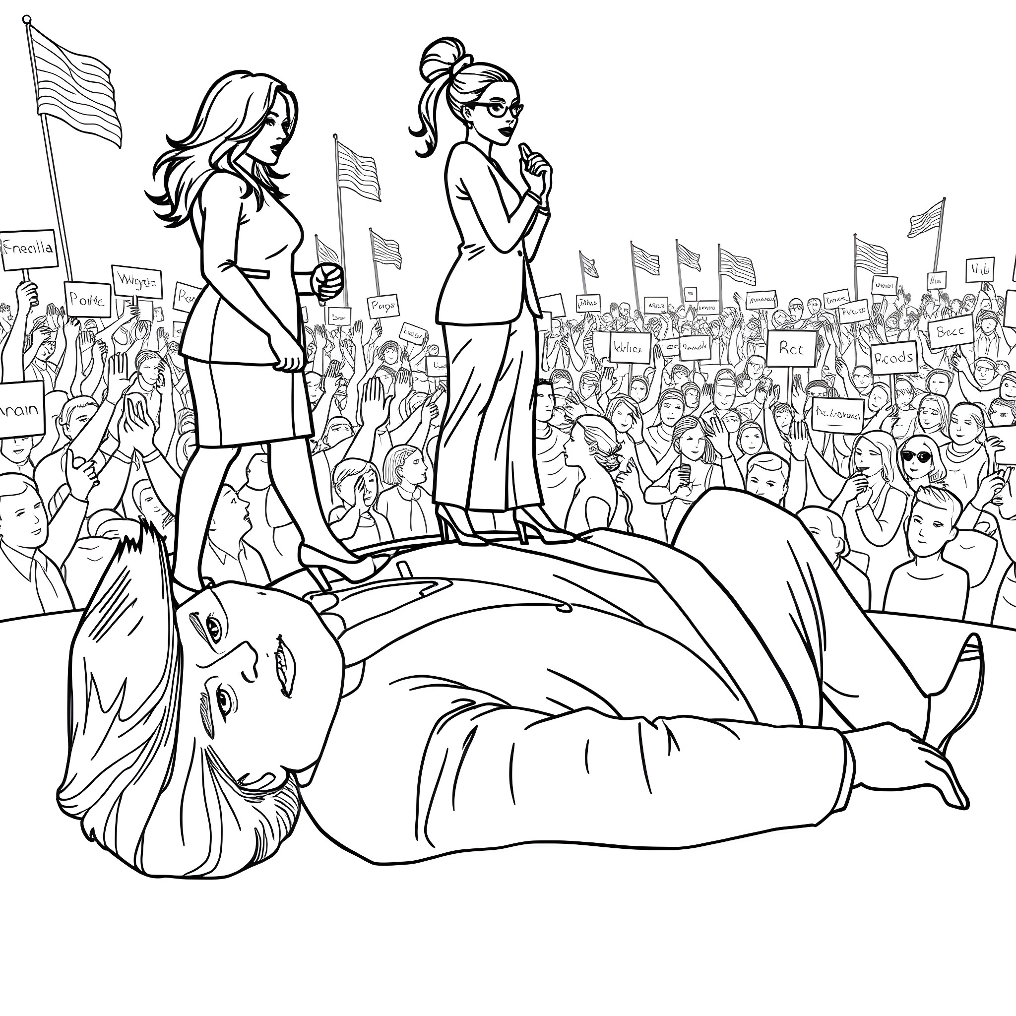 Donald Trump Surrounded by Protesters and Supporters Coloring Page (free black-and-white line drawing printable PDF for all, from beginners to advanced learners, including children, teens, adults, and seniors)