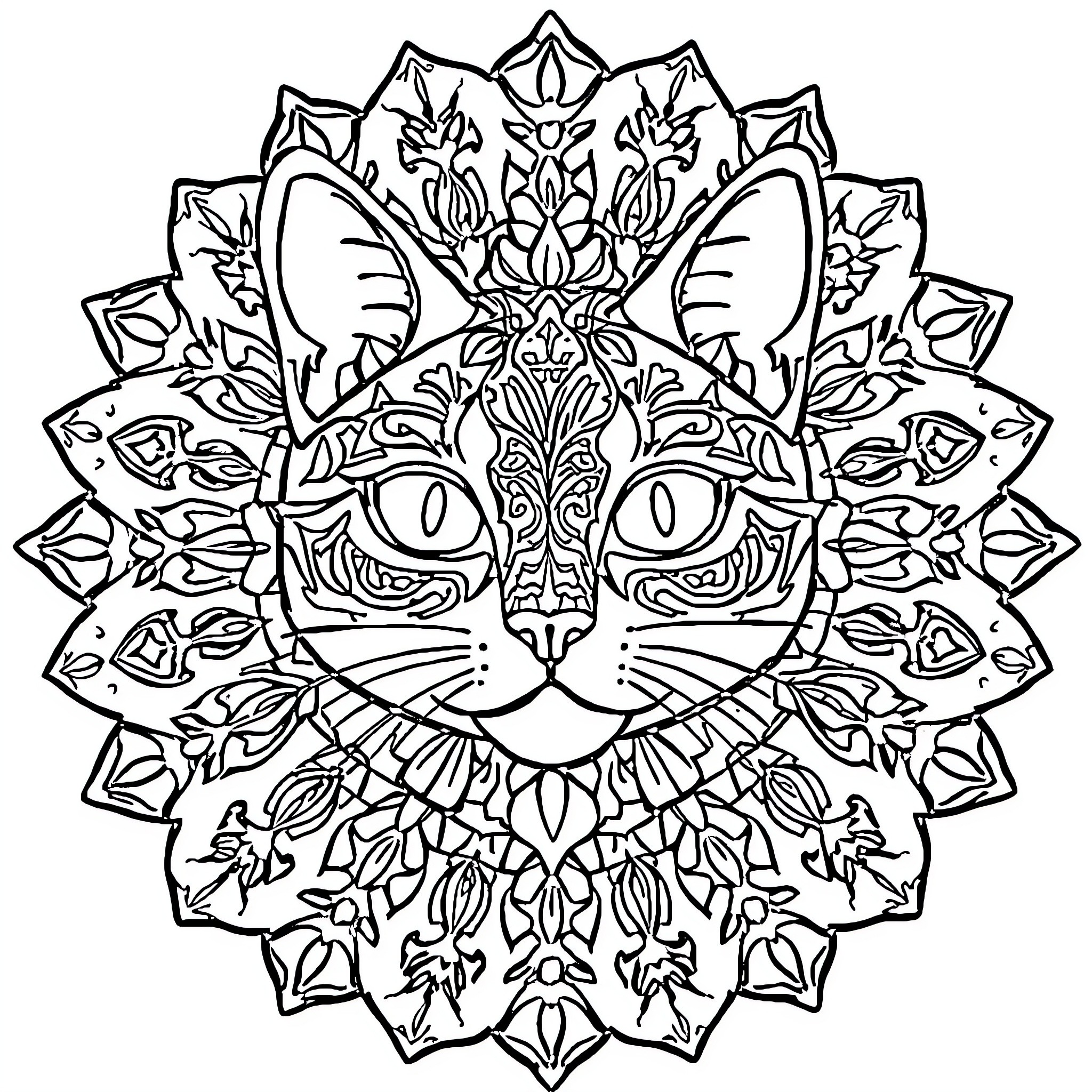 Cat mandala with intricate floral design Coloring Page (free black-and-white line drawing printable PDF for all, from beginners to advanced learners, including children, teens, adults, and seniors)