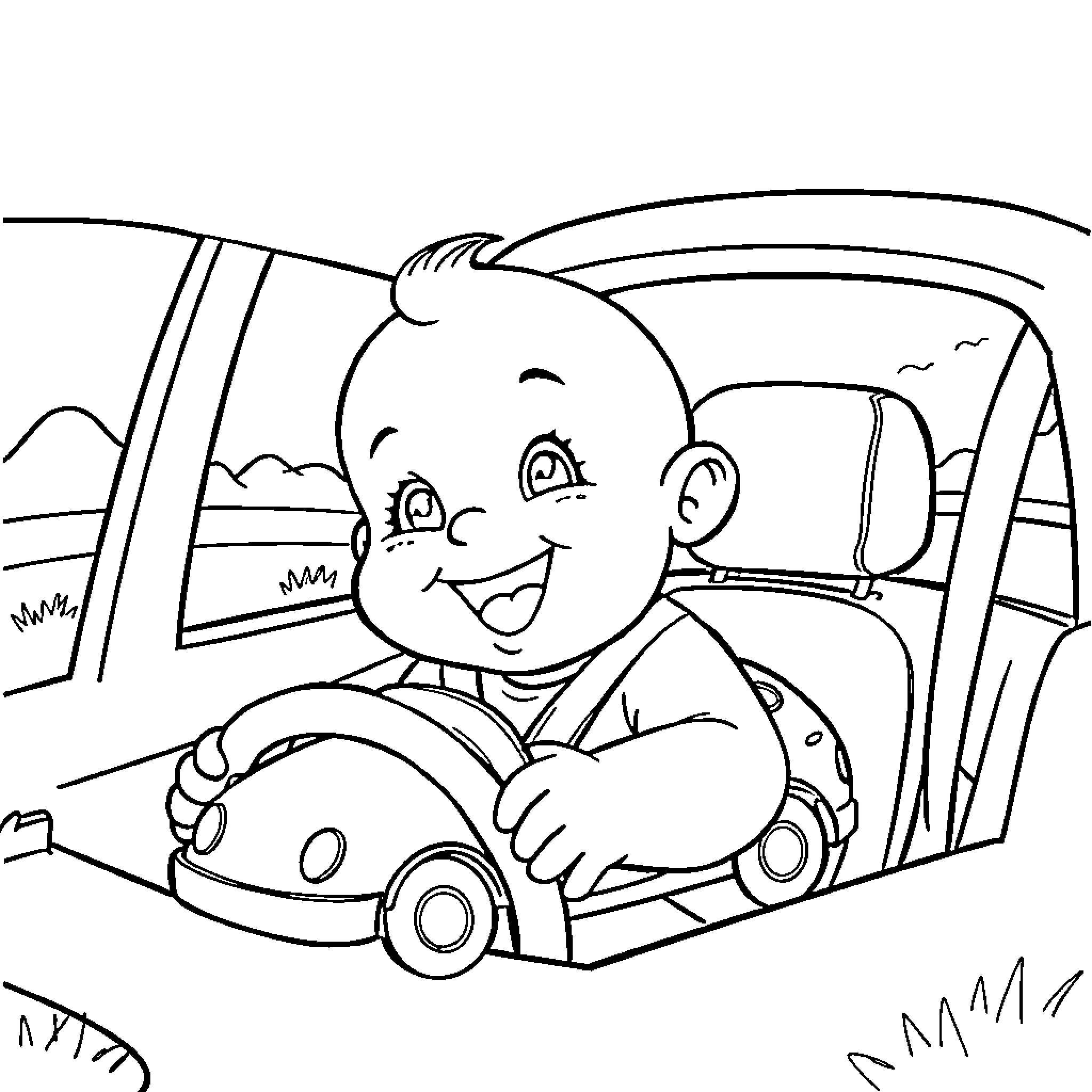 Baby driving a car with joy Coloring Page (free black-and-white line drawing printable PDF for all, from beginners to advanced learners, including children, teens, adults, and seniors)