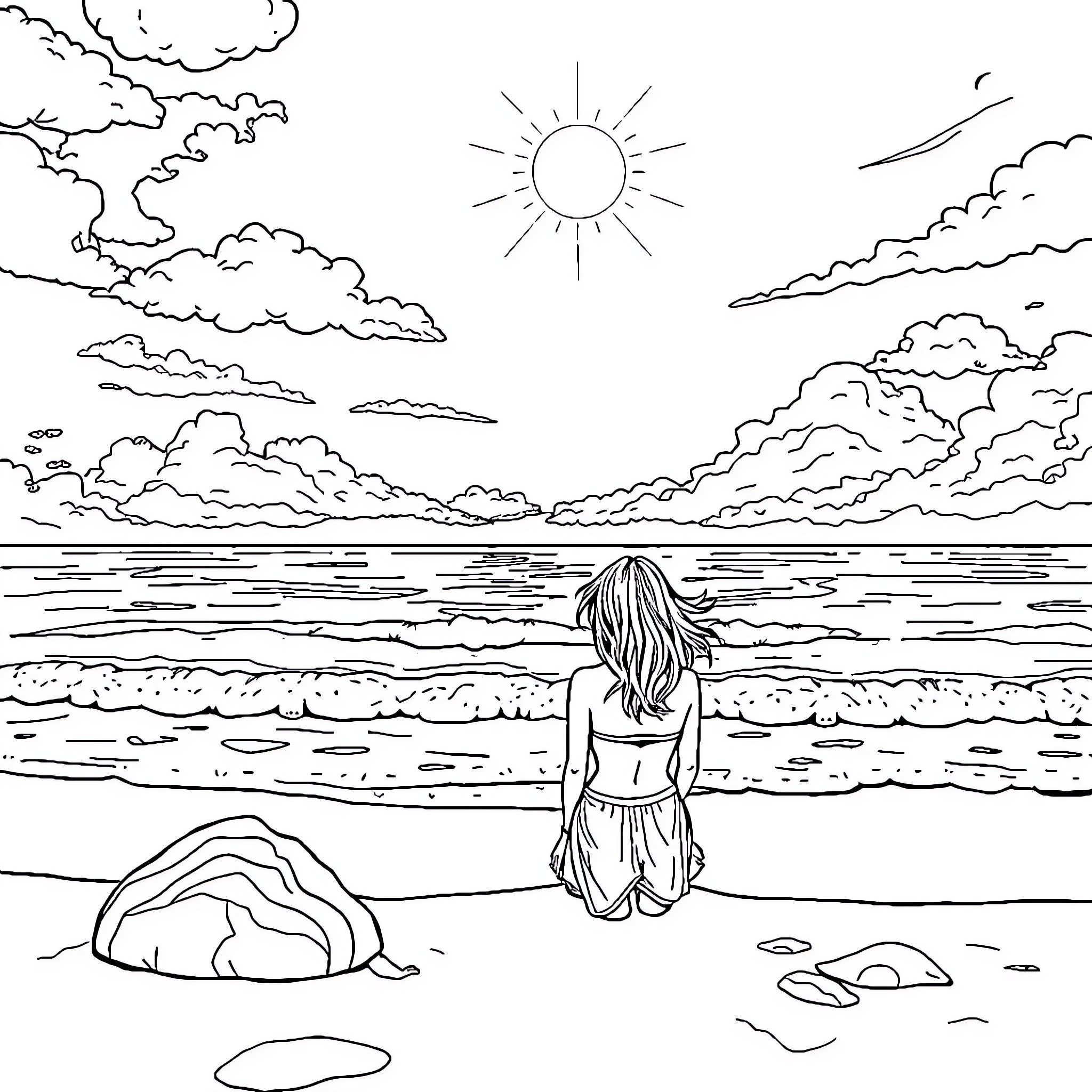 Person sitting alone on the beach at sunset Coloring Page (free black-and-white line drawing printable PDF for all, from beginners to advanced learners, including children, teens, adults, and seniors)