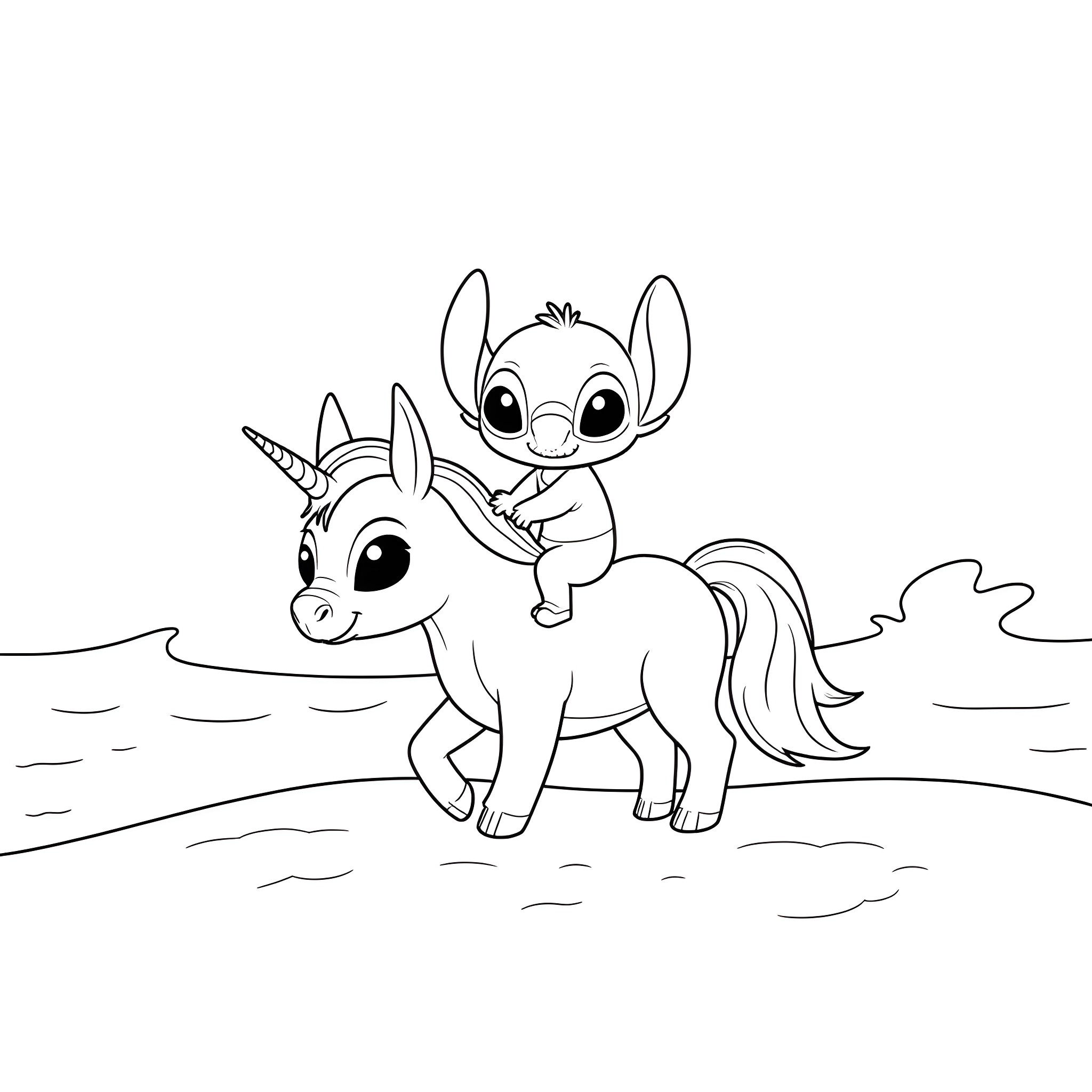 Stitch riding a unicorn in the meadow Coloring Page (free black-and-white line drawing printable PDF for all, from beginners to advanced learners, including children, teens, adults, and seniors)