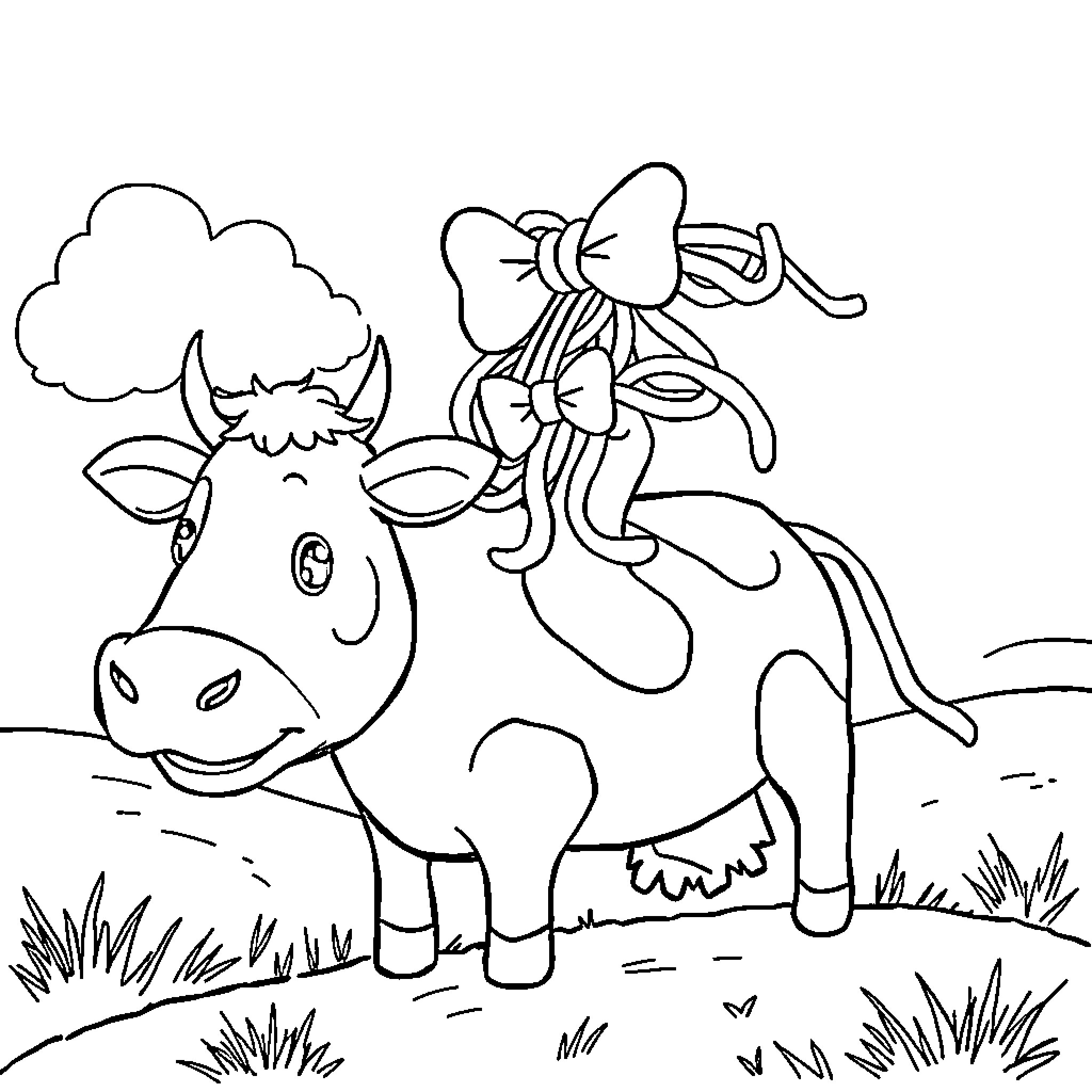 Bowtie Noodle and Cow Explore the Countryside Coloring Page (free black-and-white line drawing printable PDF for all, from beginners to advanced learners, including children, teens, adults, and seniors)