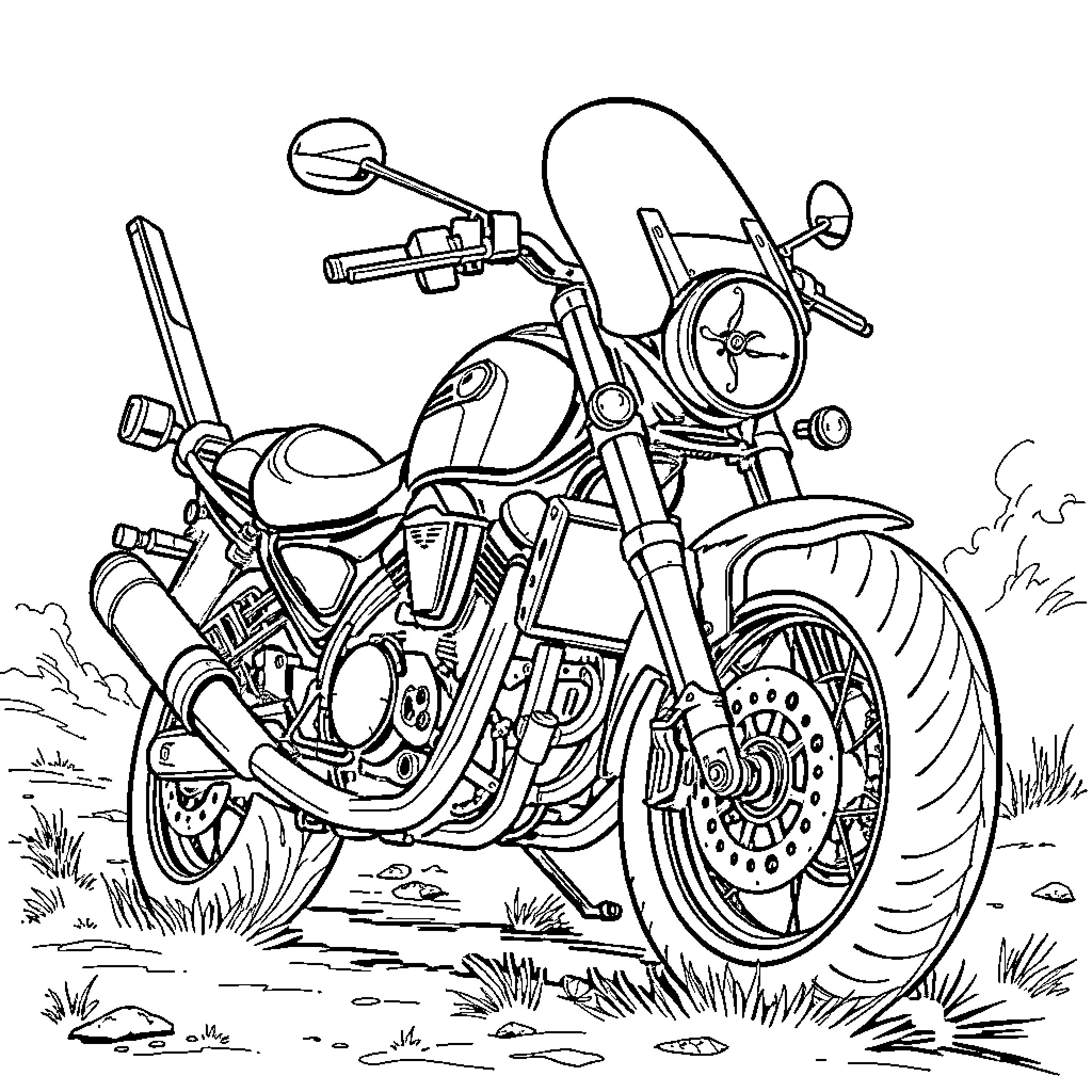 Motorcycle on Outdoor Adventure Coloring Page (free black-and-white line drawing printable PDF for all, from beginners to advanced learners, including children, teens, adults, and seniors)