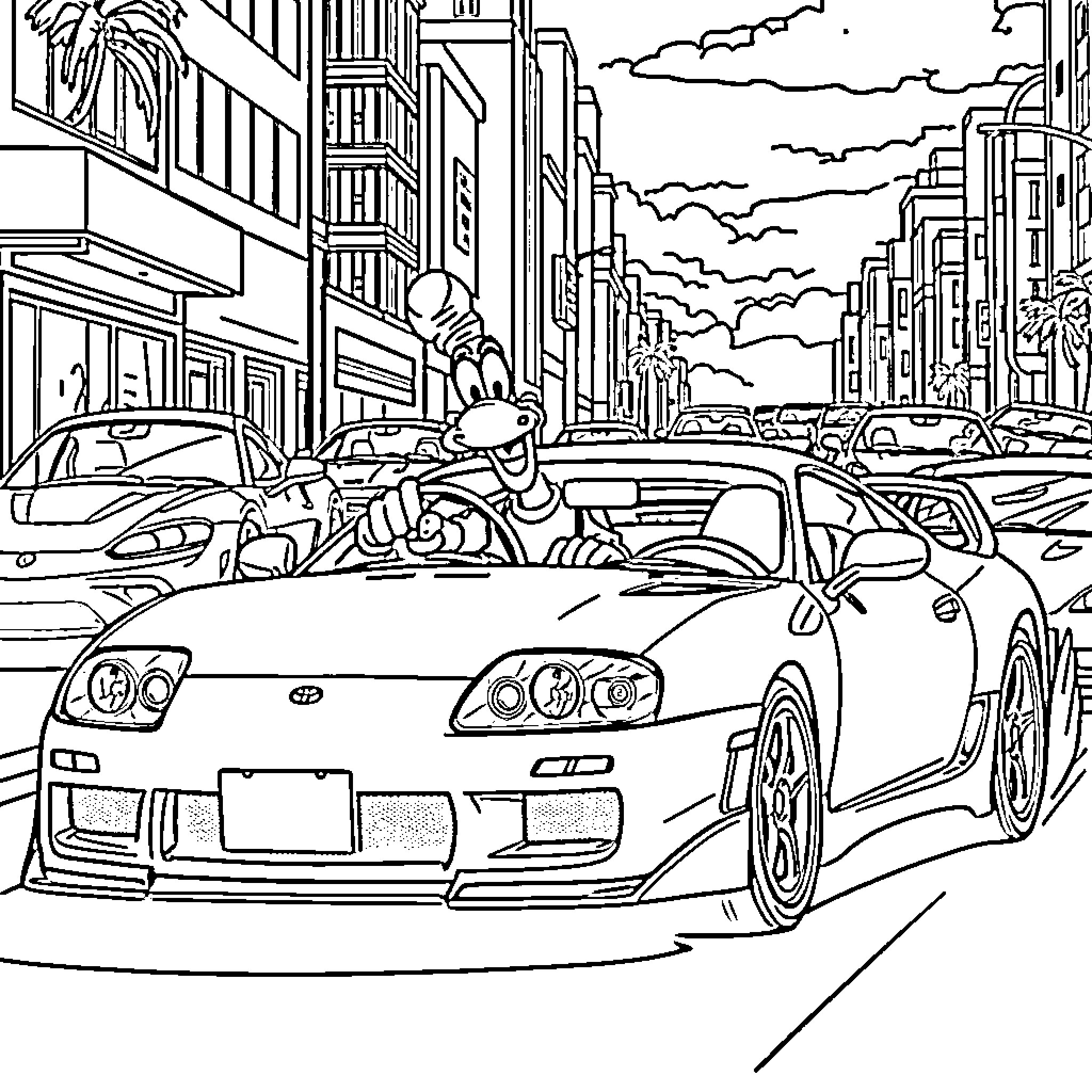 Goofy car racing in bustling city streets Coloring Page (free black-and-white line drawing printable PDF for all, from beginners to advanced learners, including children, teens, adults, and seniors)