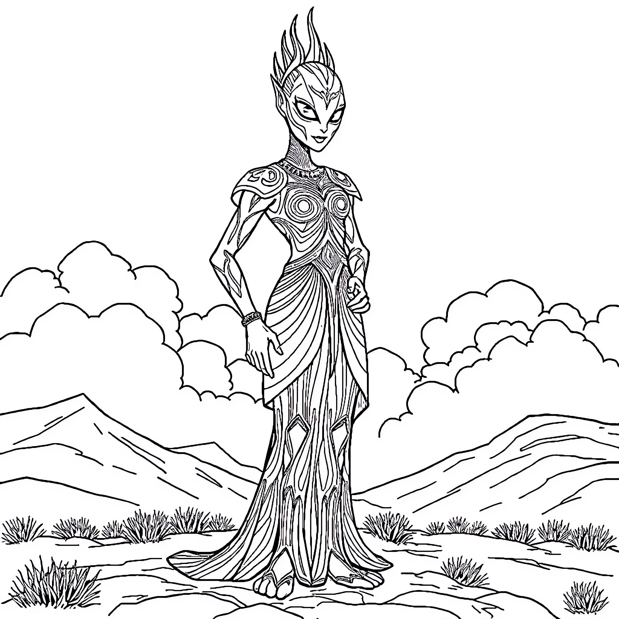 Terraformar: Mythical Creature in Enchanted Landscape Coloring Page (free black-and-white line drawing printable PDF for all, from beginners to advanced learners, including children, teens, adults, and seniors)