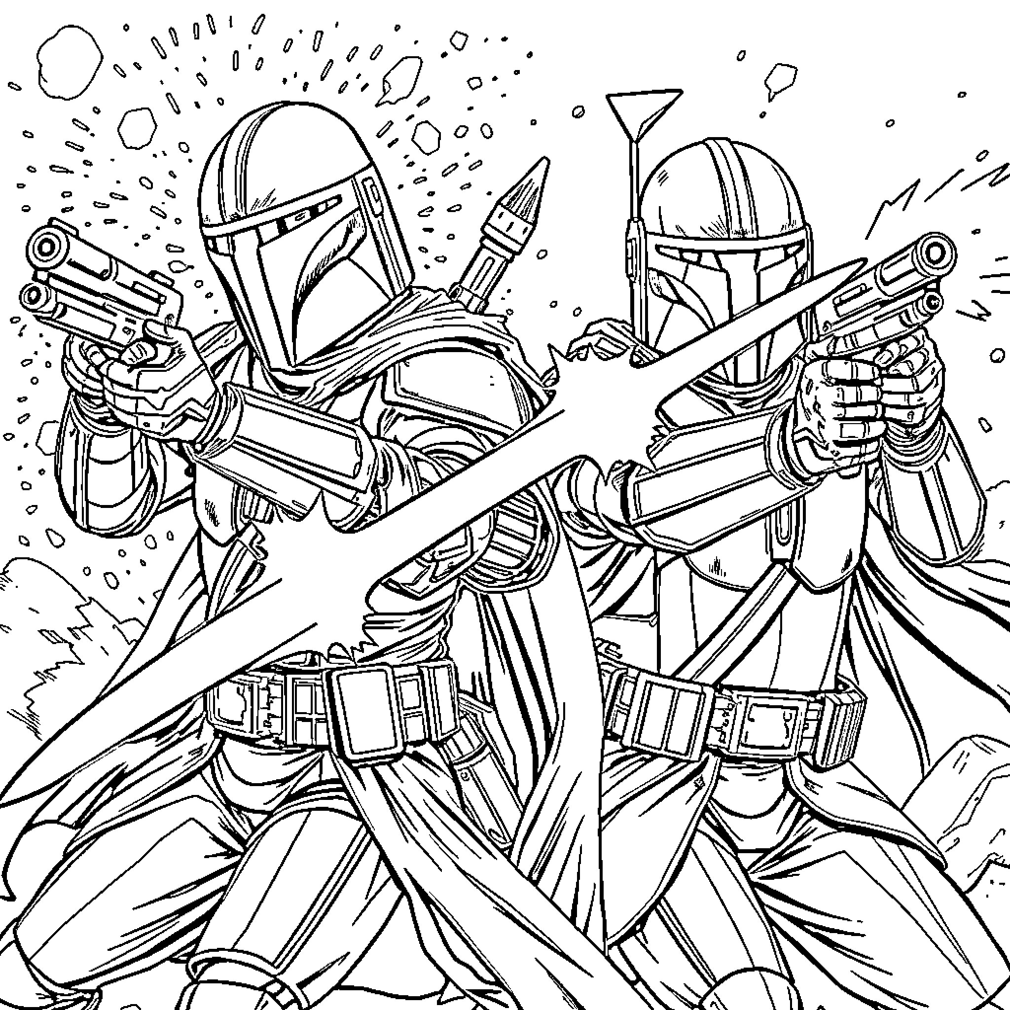 Mandalorian warriors in intense combat Coloring Page (free black-and-white line drawing printable PDF for all, from beginners to advanced learners, including children, teens, adults, and seniors)