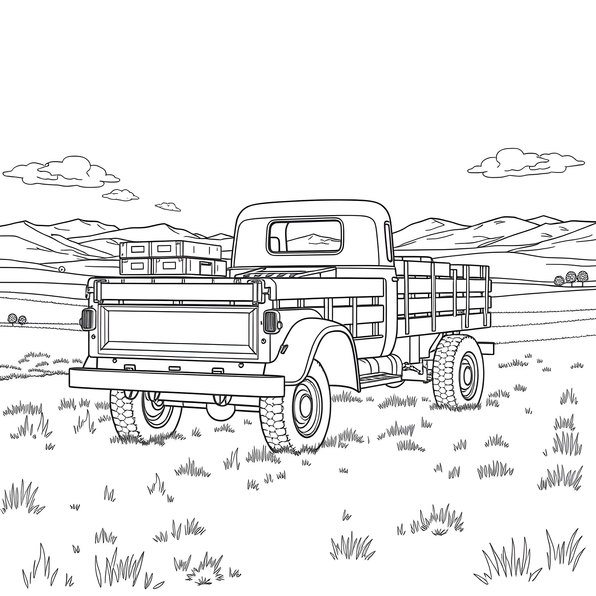 Truck carrying cargo through rural landscape Coloring Page (free black-and-white line drawing printable PDF for all, from beginners to advanced learners, including children, teens, adults, and seniors)