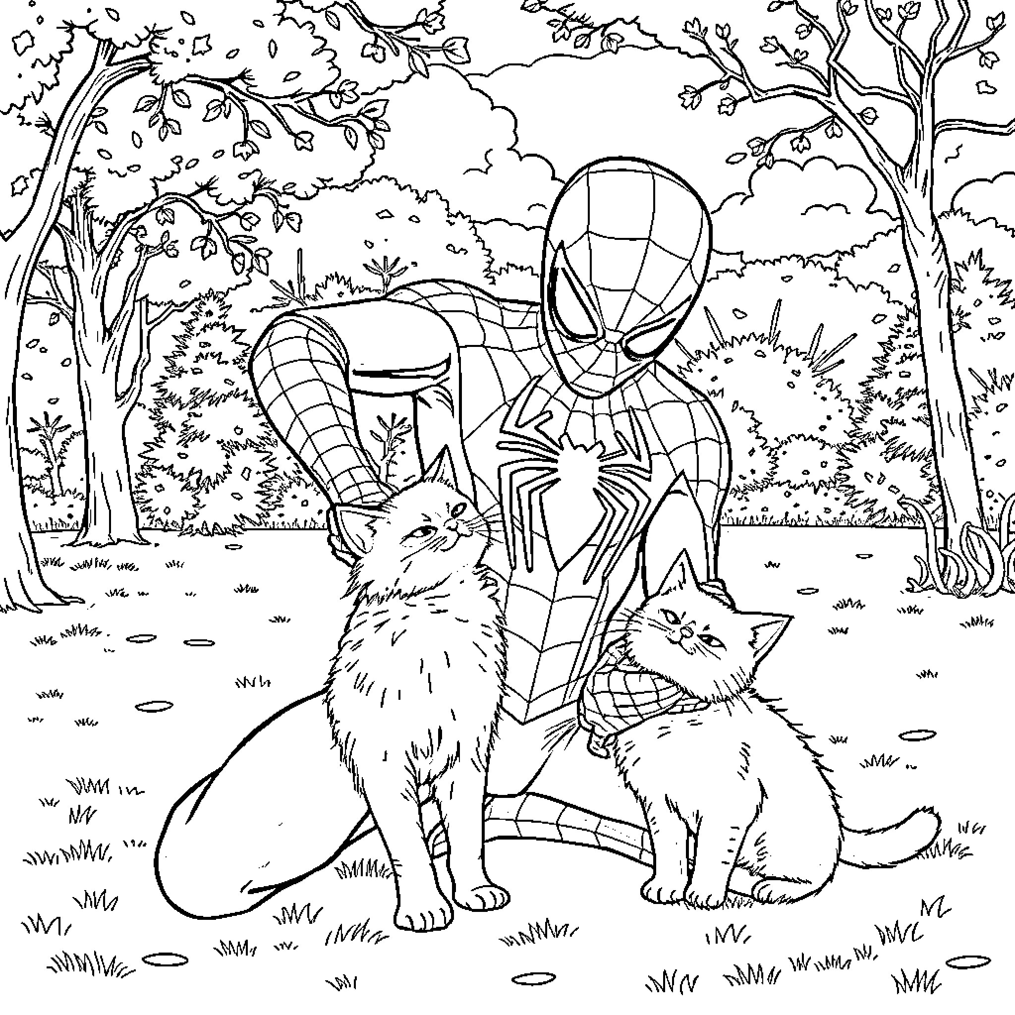 Spider-Man exploring nature with friendly cats Coloring Page (free black-and-white line drawing printable PDF for all, from beginners to advanced learners, including children, teens, adults, and seniors)