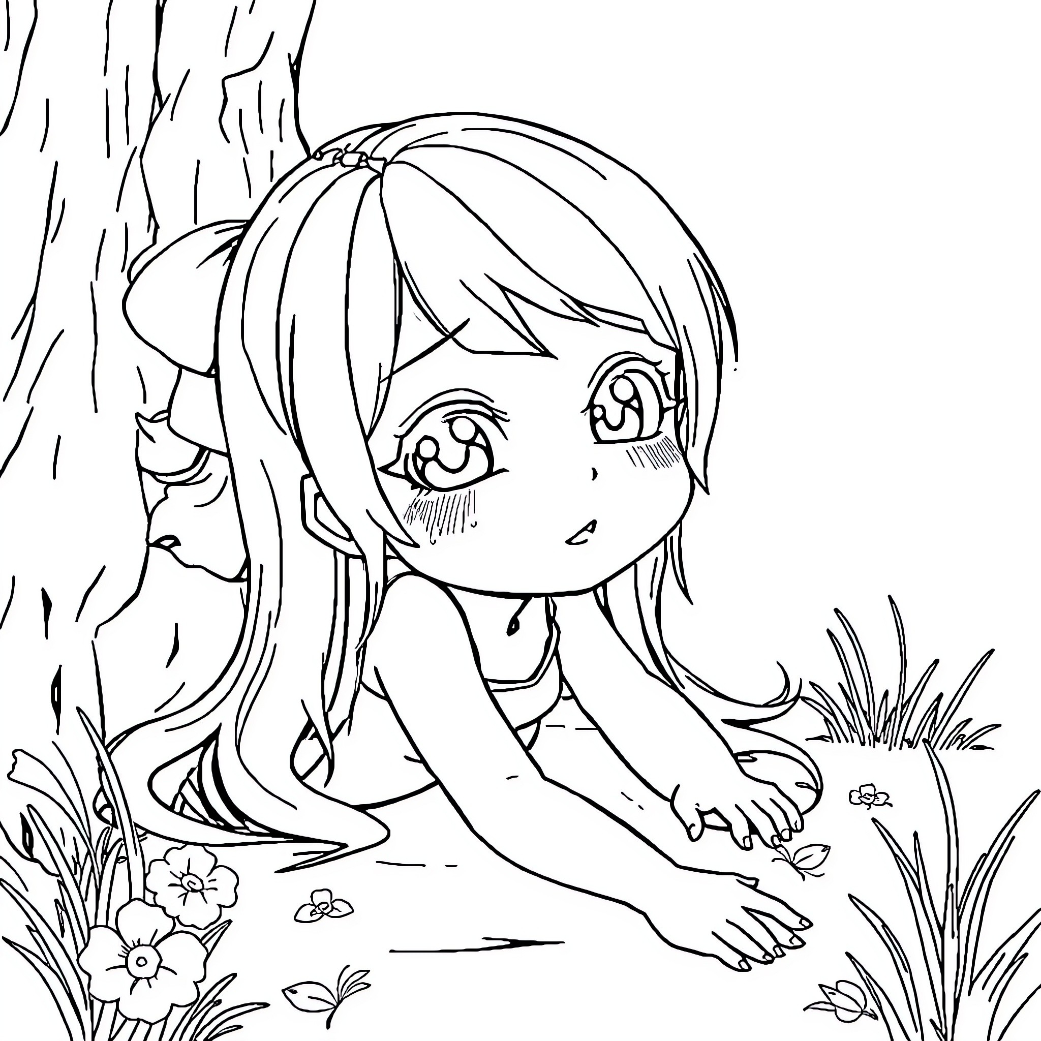 Chica admiring nature in a serene setting Coloring Page (free black-and-white line drawing printable PDF for all, from beginners to advanced learners, including children, teens, adults, and seniors)