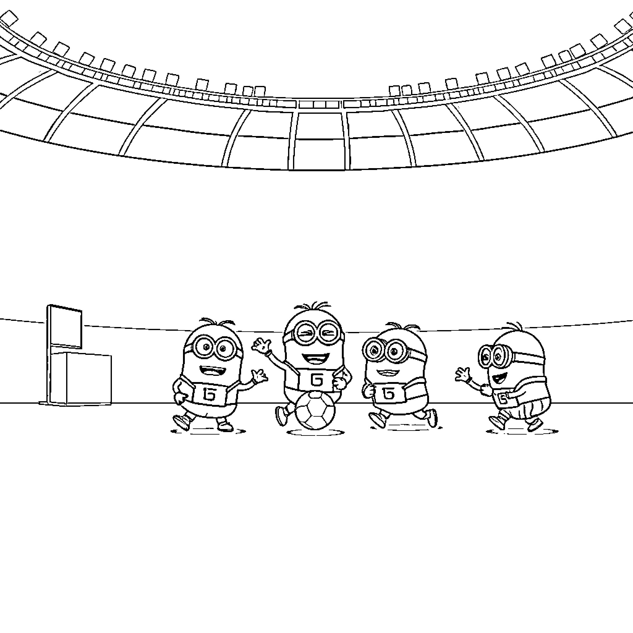 Minions playing happily on the stadium field Coloring Page (free black-and-white line drawing printable PDF for all, from beginners to advanced learners, including children, teens, adults, and seniors)