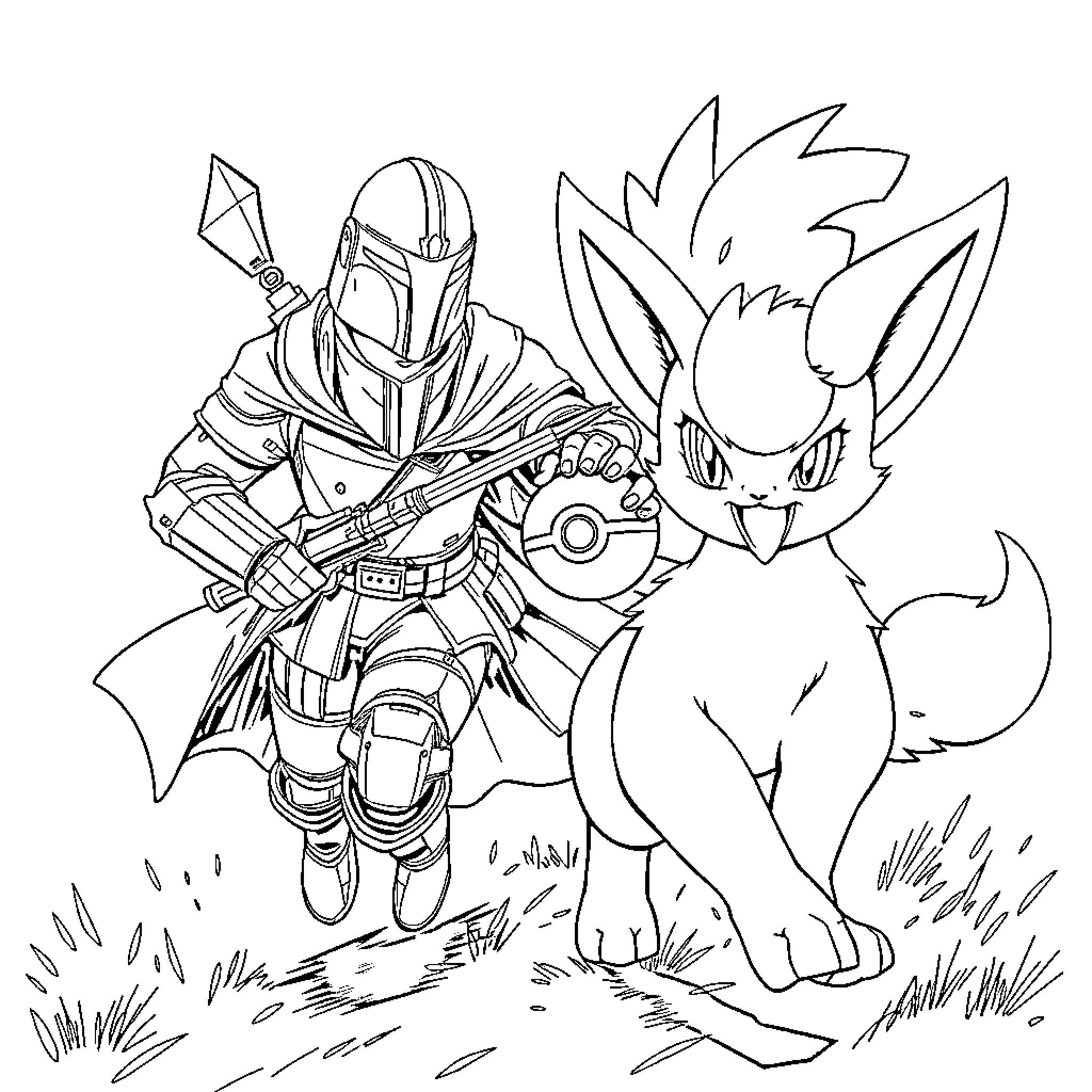 Mewtwo and Mysterious Warrior in Grassy Scenery Coloring Page (free black-and-white line drawing printable PDF for all, from beginners to advanced learners, including children, teens, adults, and seniors)