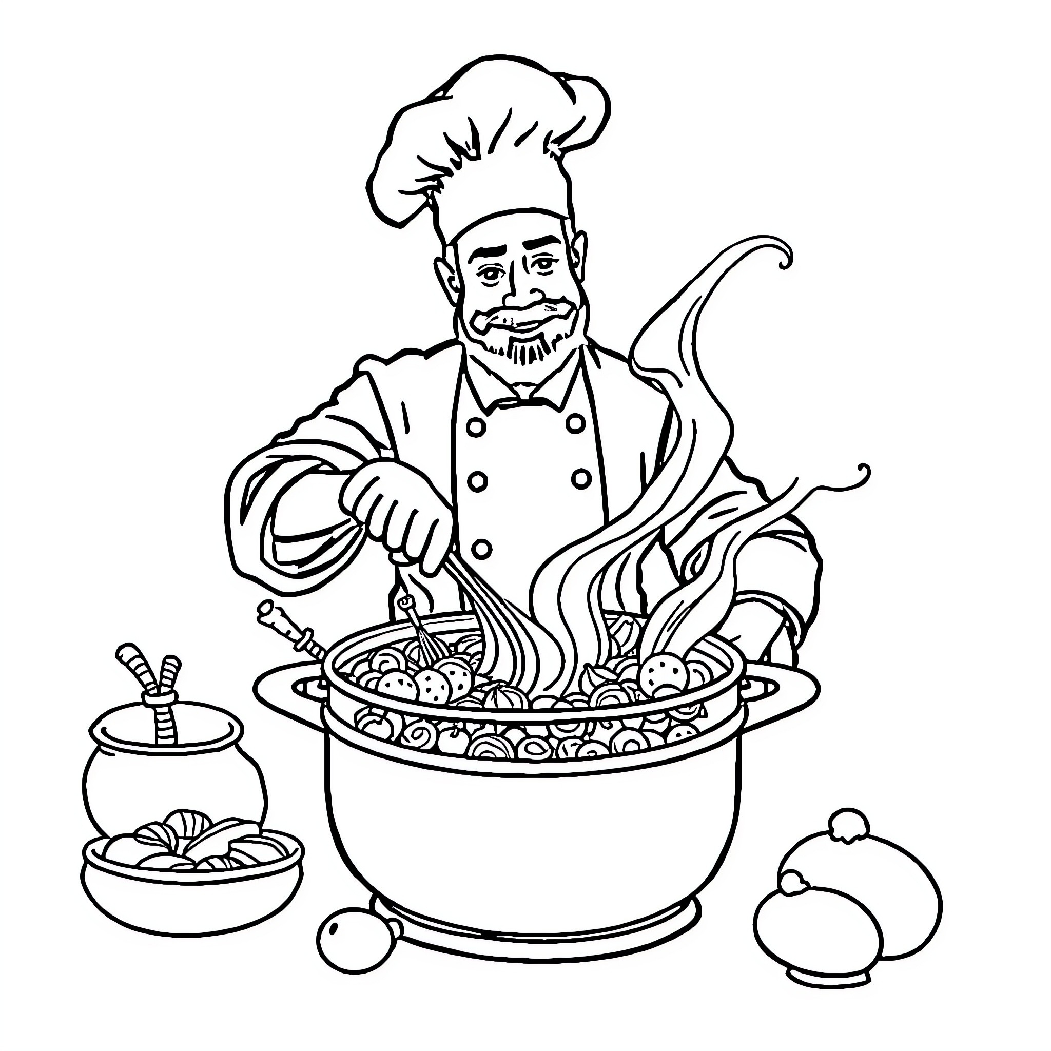 Chef cooking delicious meal in the kitchen Coloring Page (free black-and-white line drawing printable PDF for all, from beginners to advanced learners, including children, teens, adults, and seniors)