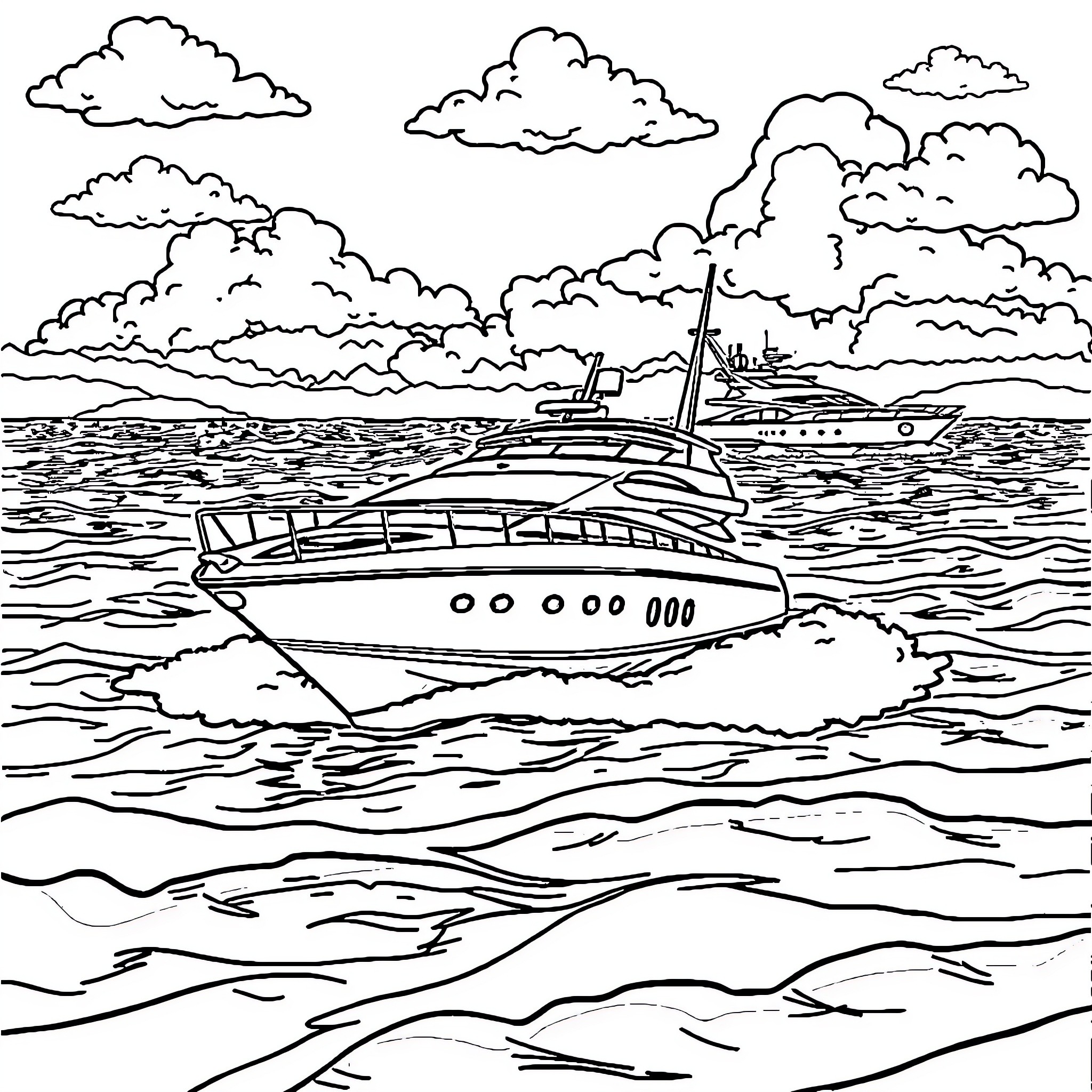 Yacht sailing amidst waves and cloudy skies Coloring Page (free black-and-white line drawing printable PDF for all, from beginners to advanced learners, including children, teens, adults, and seniors)