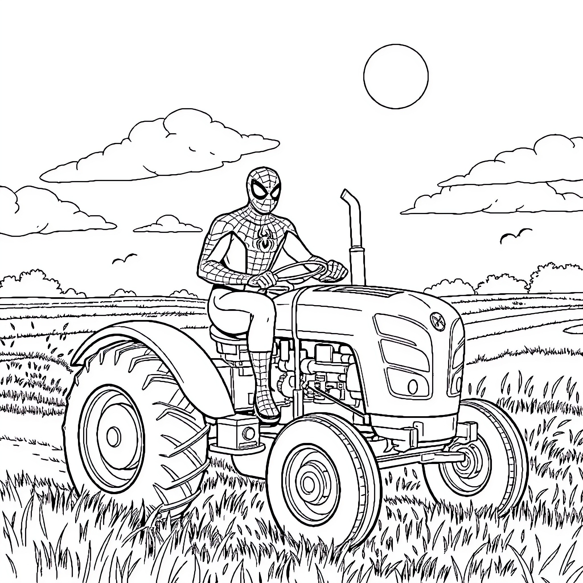 Spiderman riding a tractor in the countryside Coloring Page (free black-and-white line drawing printable PDF for all, from beginners to advanced learners, including children, teens, adults, and seniors)