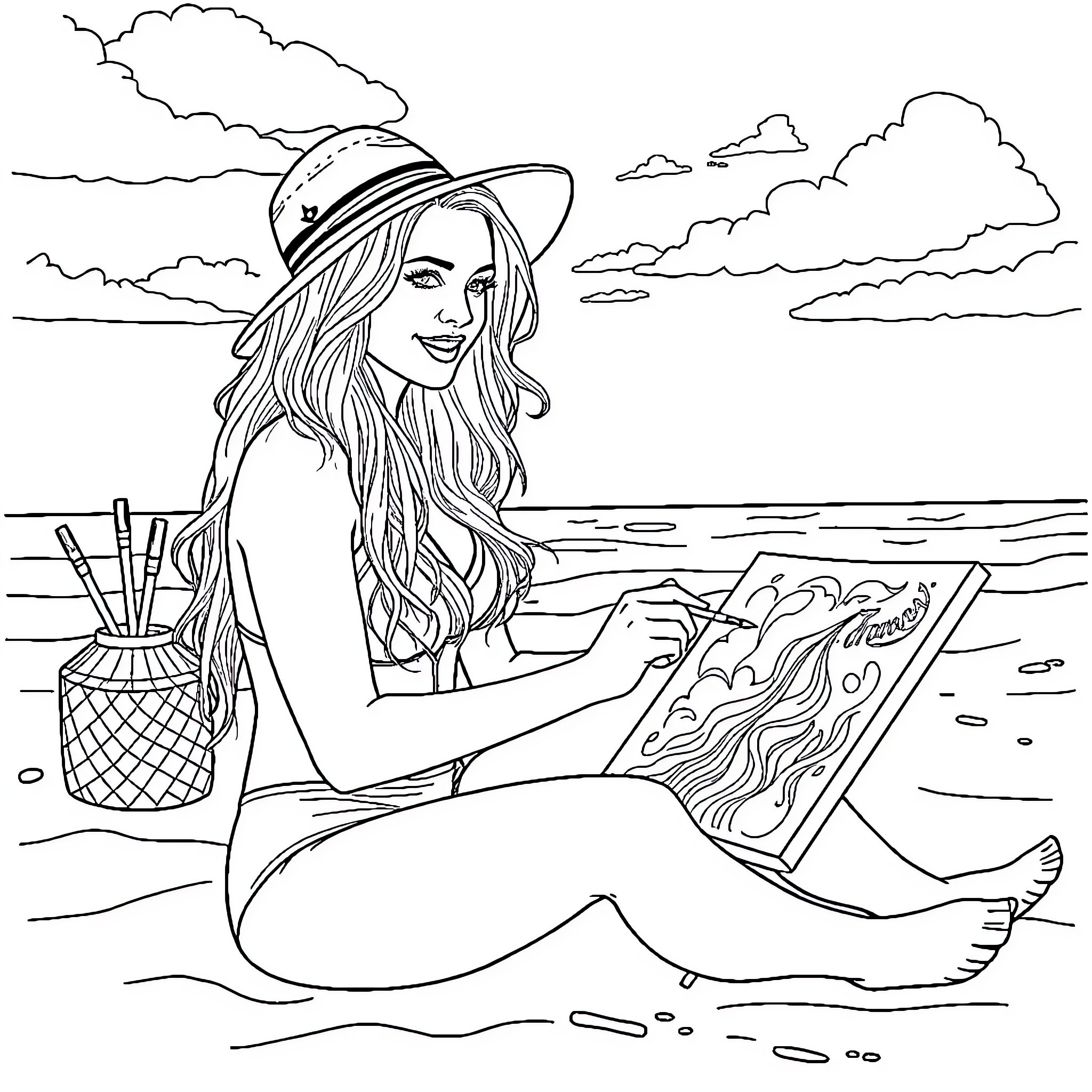 Britney Spears drawing a picture on the beach Coloring Page (free black-and-white line drawing printable PDF for all, from beginners to advanced learners, including children, teens, adults, and seniors)