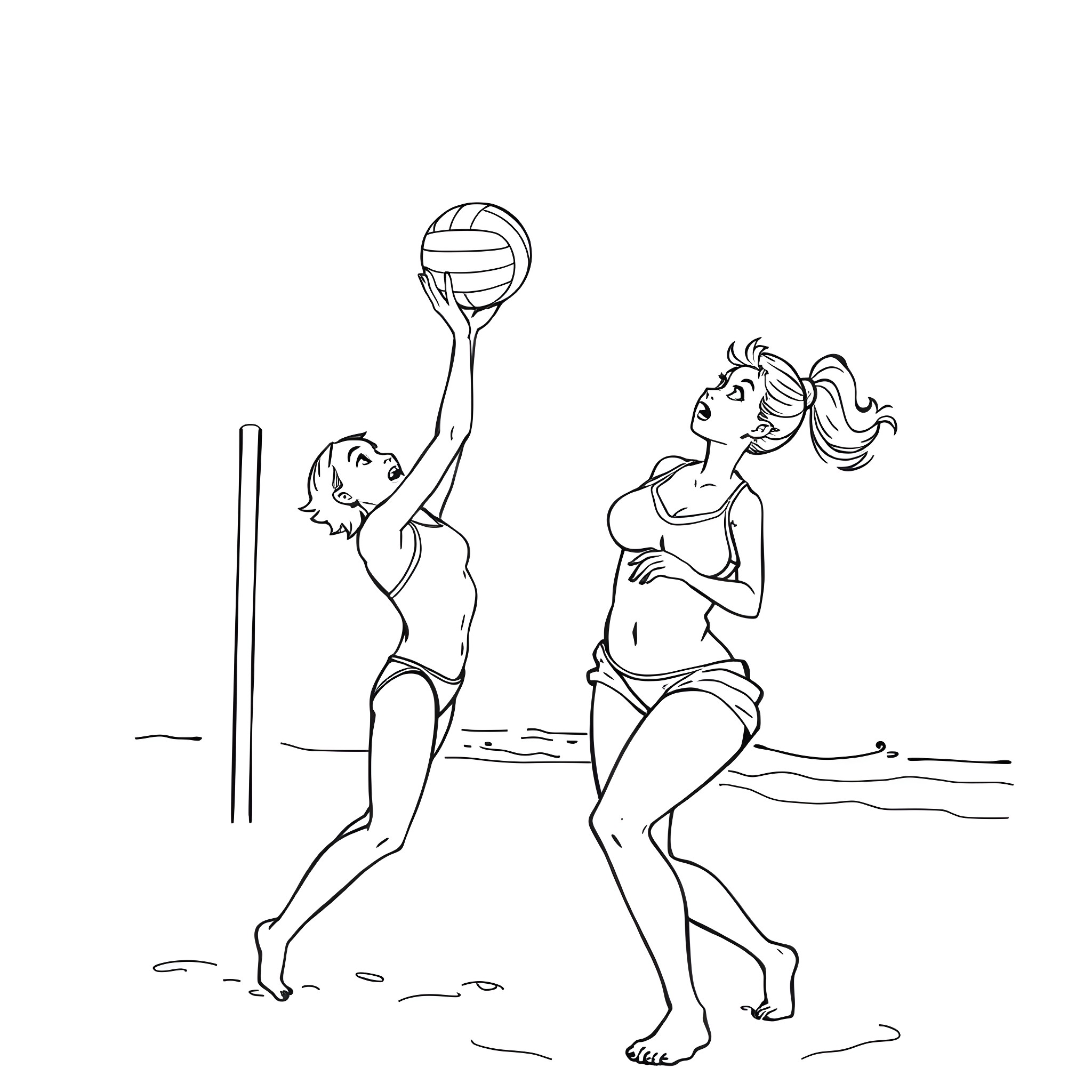 Frankie Foster playing volleyball with a friend on the beach Coloring Page (free black-and-white line drawing printable PDF for all, from beginners to advanced learners, including children, teens, adults, and seniors)