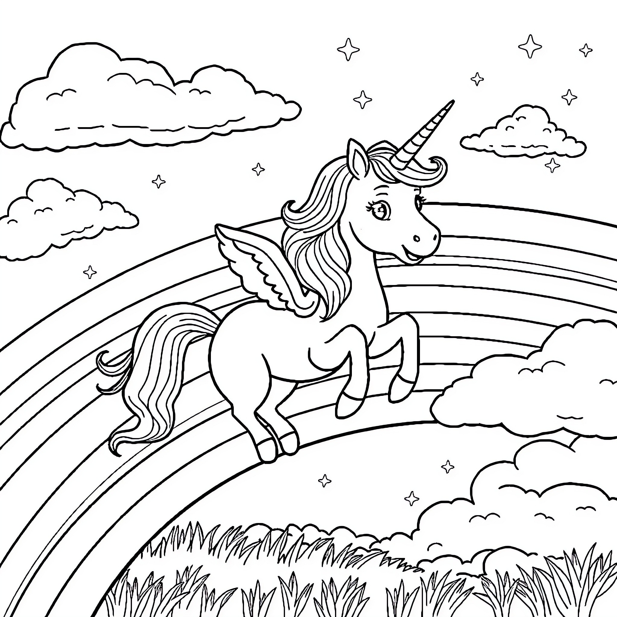 Unicorn frolicking in the enchanted starry sky Coloring Page (free black-and-white line drawing printable PDF for all, from beginners to advanced learners, including children, teens, adults, and seniors)