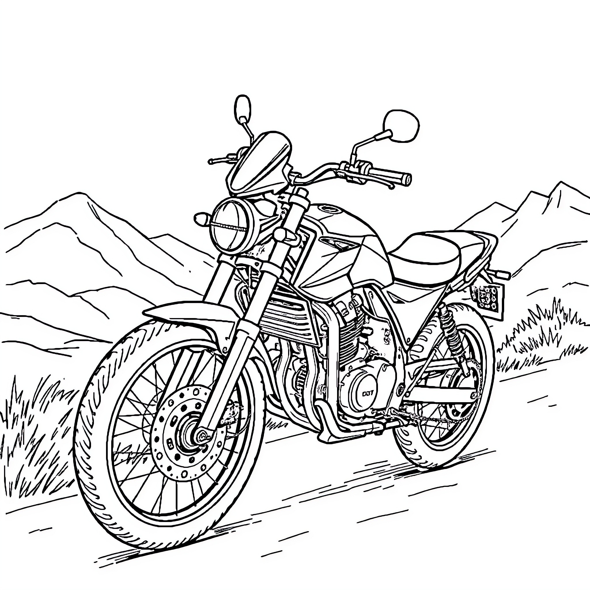 Bike riding through rugged mountain terrain Coloring Page (free black-and-white line drawing printable PDF for all, from beginners to advanced learners, including children, teens, adults, and seniors)