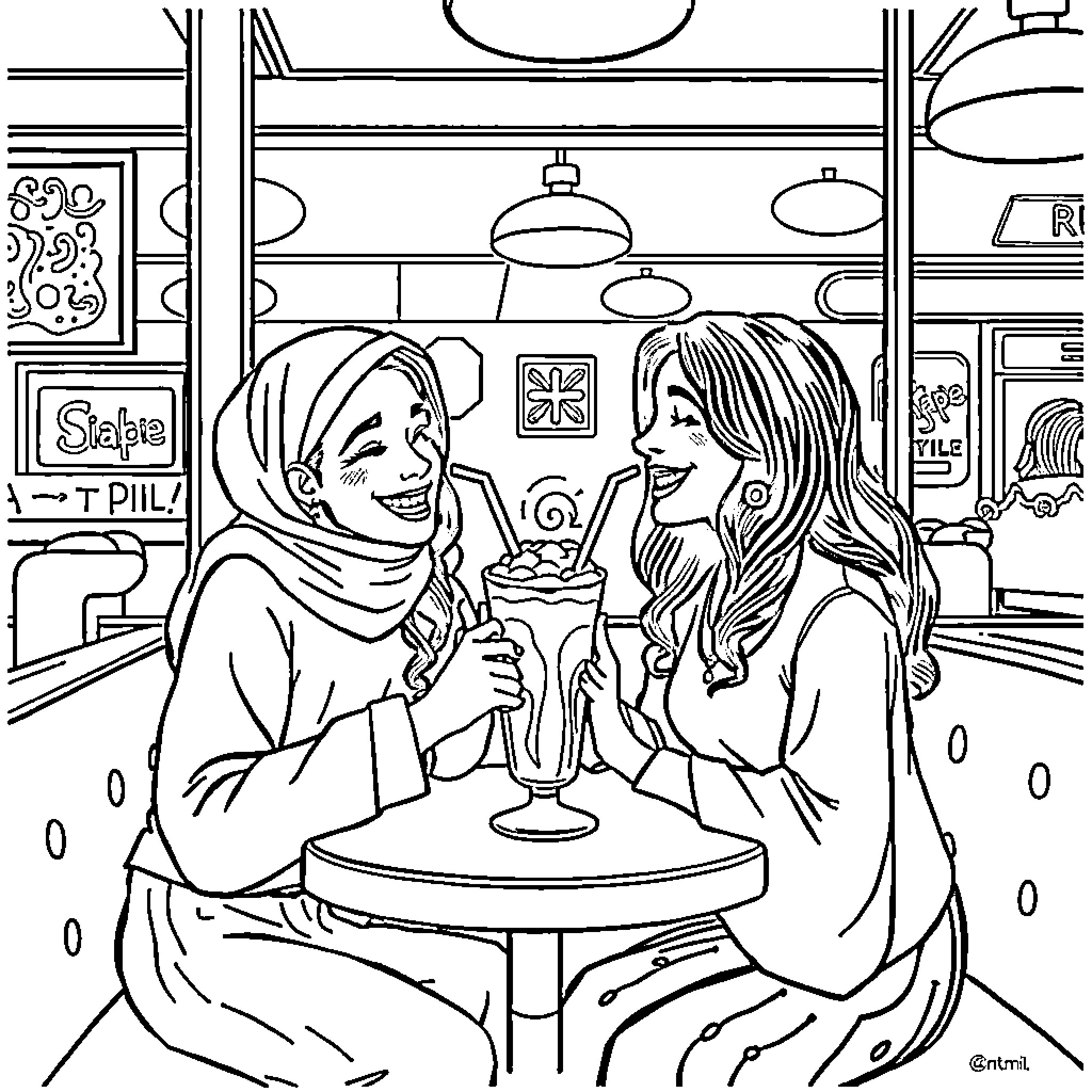 Rumi: Friends enjoying conversation in a cozy cafe Coloring Page (free black-and-white line drawing printable PDF for all, from beginners to advanced learners, including children, teens, adults, and seniors)