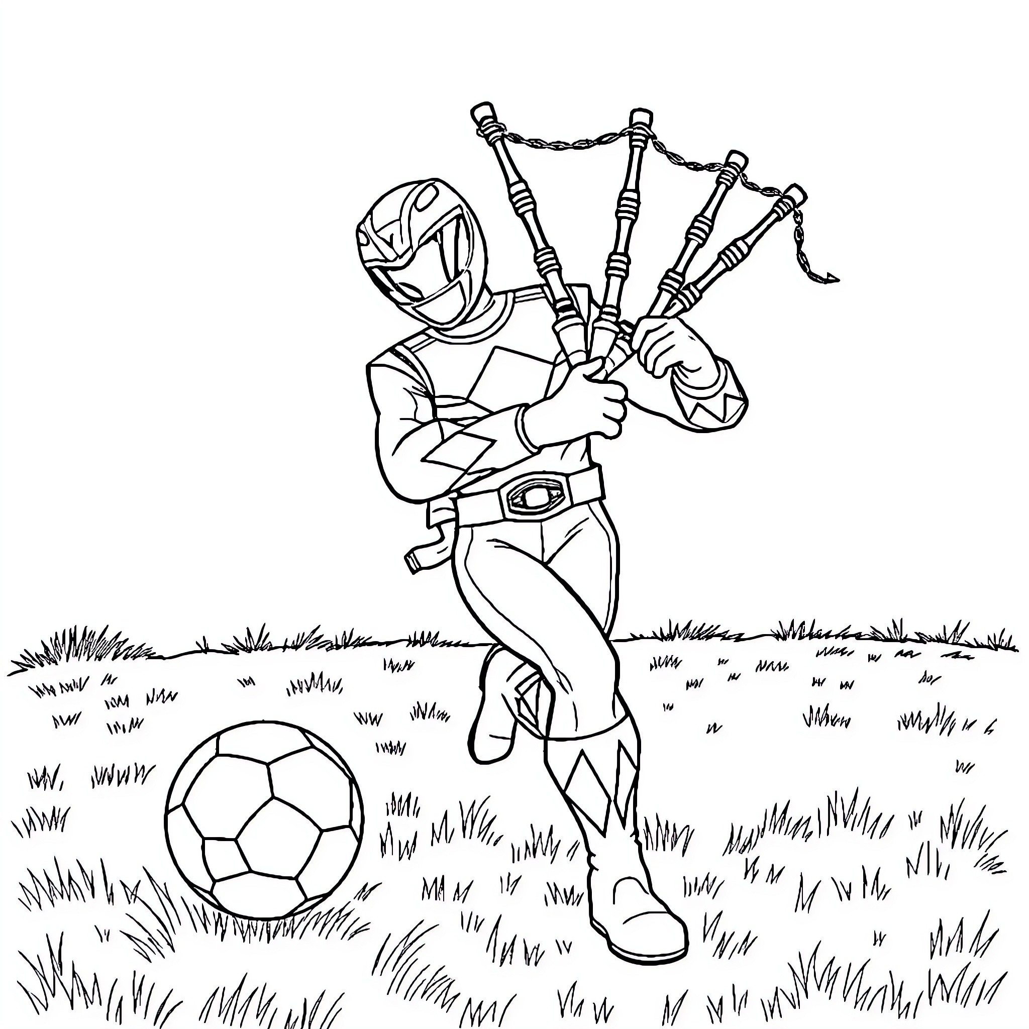 Power Ranger Plays Soccer on the Field Coloring Page (free black-and-white line drawing printable PDF for all, from beginners to advanced learners, including children, teens, adults, and seniors)