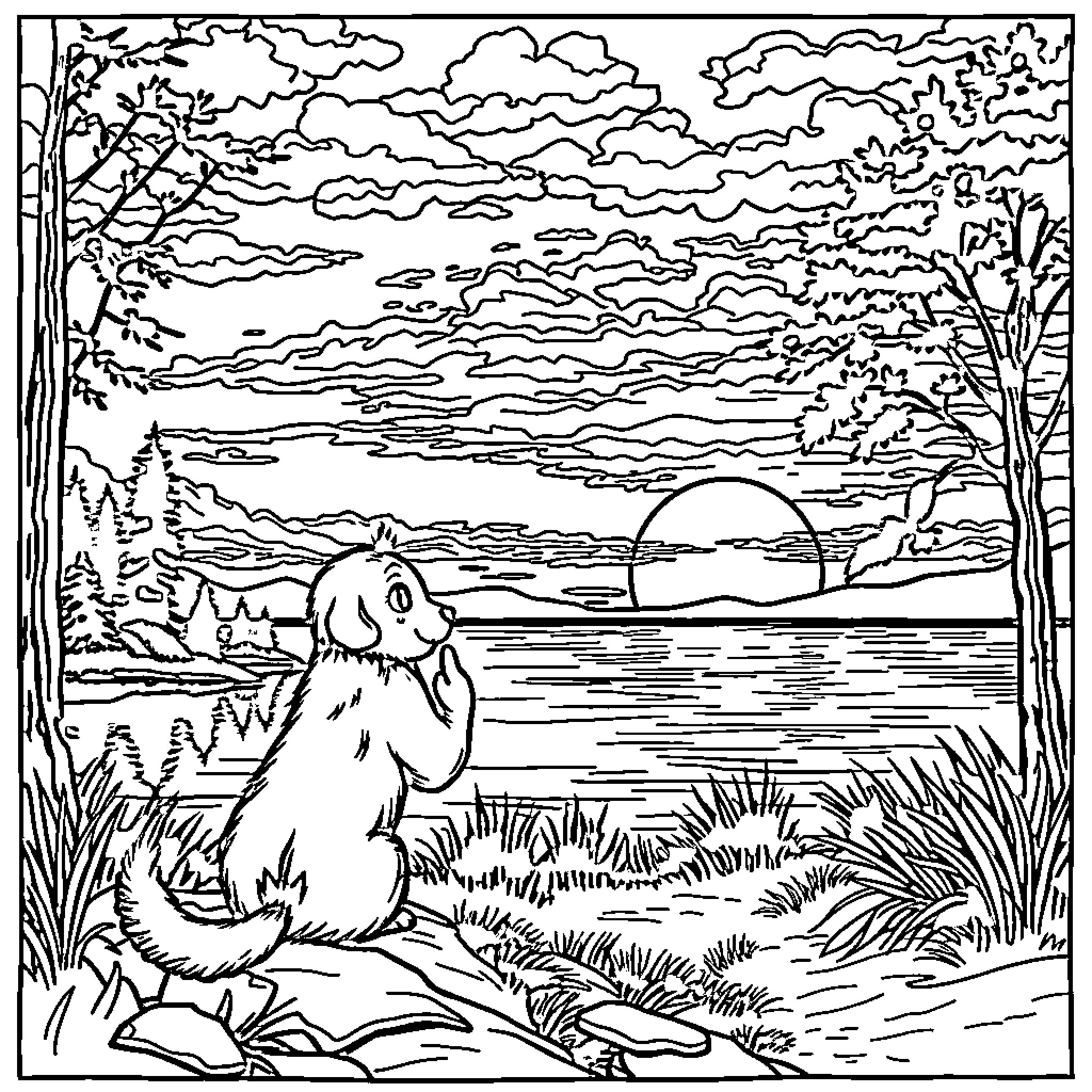 Gizmo admiring the scenic lake at sunset Coloring Page (free black-and-white line drawing printable PDF for all, from beginners to advanced learners, including children, teens, adults, and seniors)