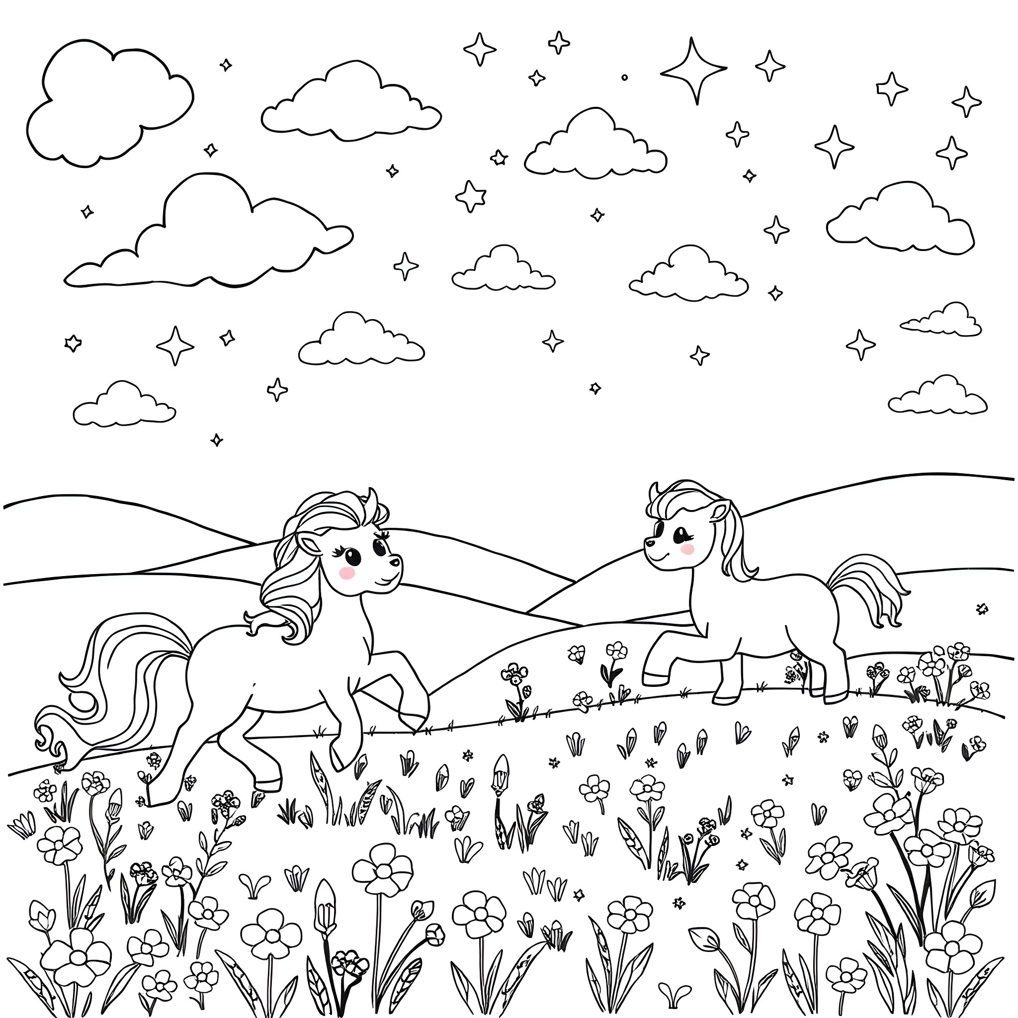 Pony friends in a meadow of flowers Coloring Page (free black-and-white line drawing printable PDF for all, from beginners to advanced learners, including children, teens, adults, and seniors)