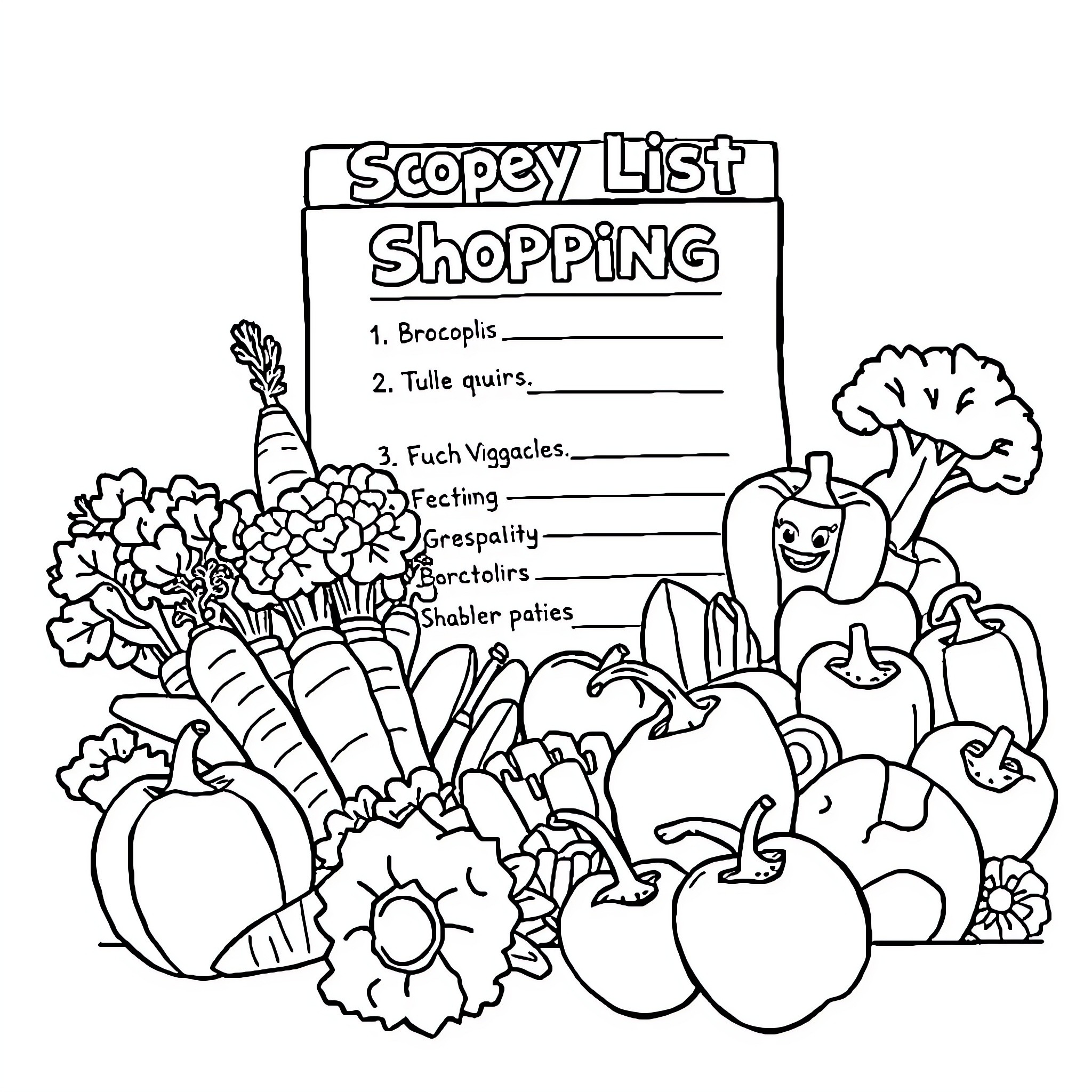 Vegetable-Themed Shopping List with Cartoon Characters Coloring Page (free black-and-white line drawing printable PDF for all, from beginners to advanced learners, including children, teens, adults, and seniors)