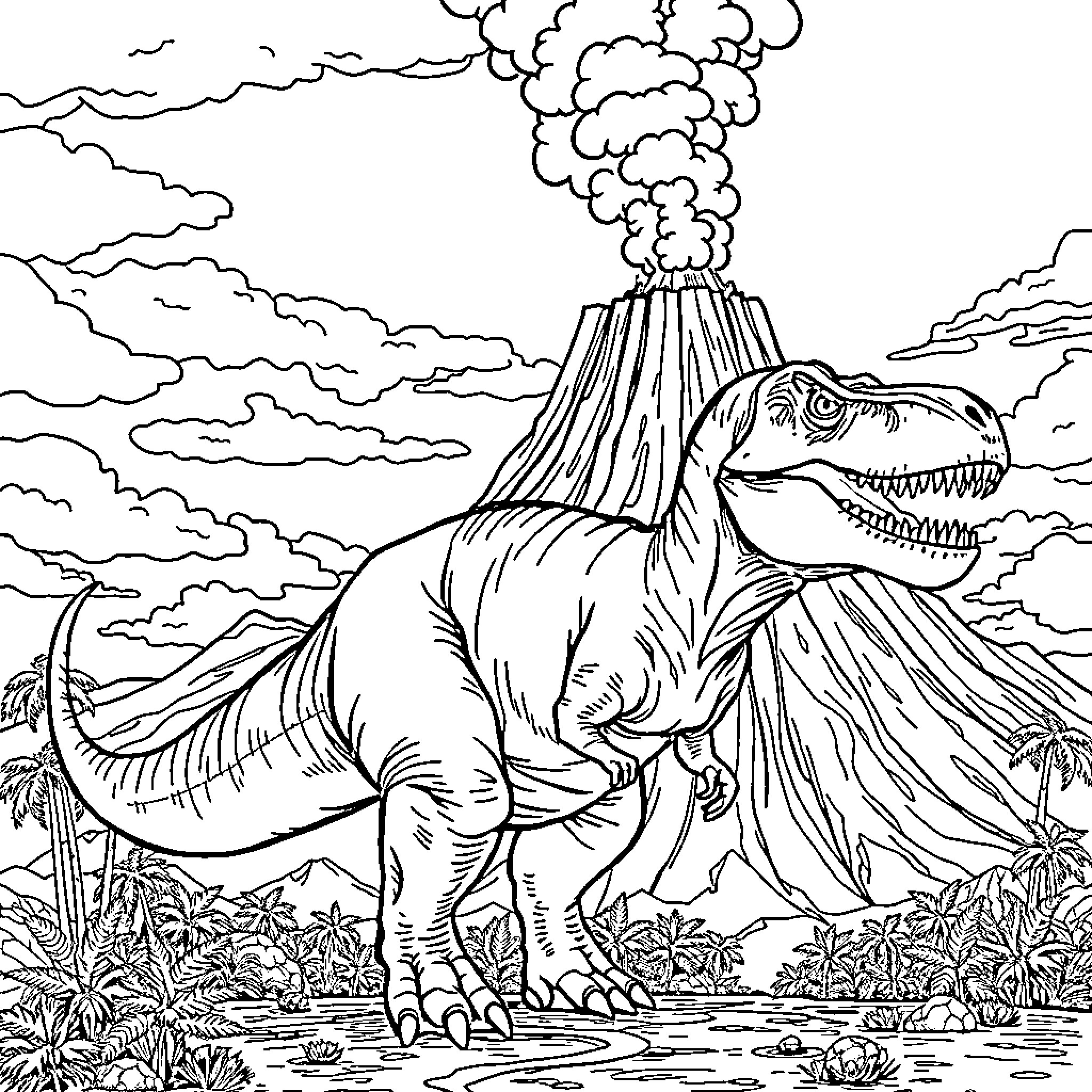 T-Rex facing a volcanic eruption in a prehistoric landscape Coloring Page (free black-and-white line drawing printable PDF for all, from beginners to advanced learners, including children, teens, adults, and seniors)